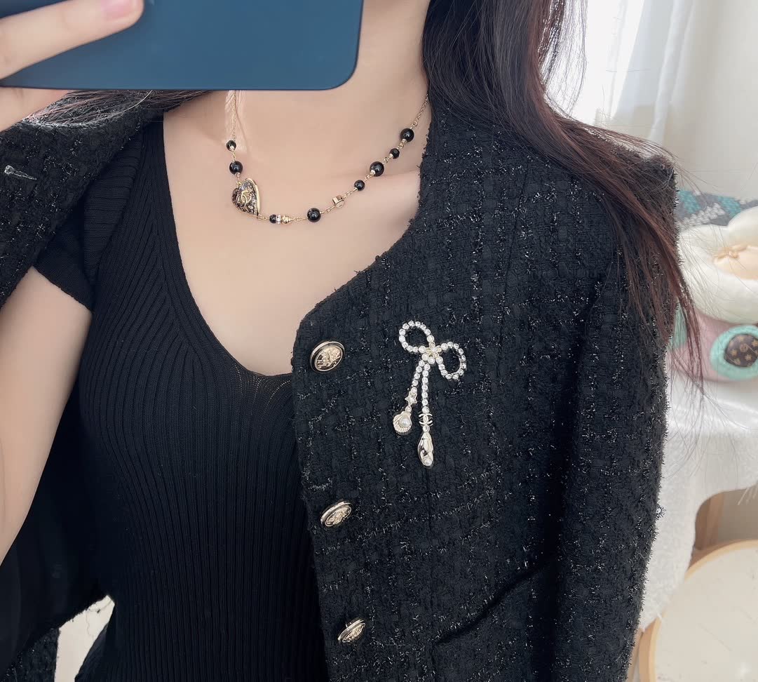 Chanel Black Beaded Necklace with Heart Charm Chanel Black Beaded Necklace with Heart Charm