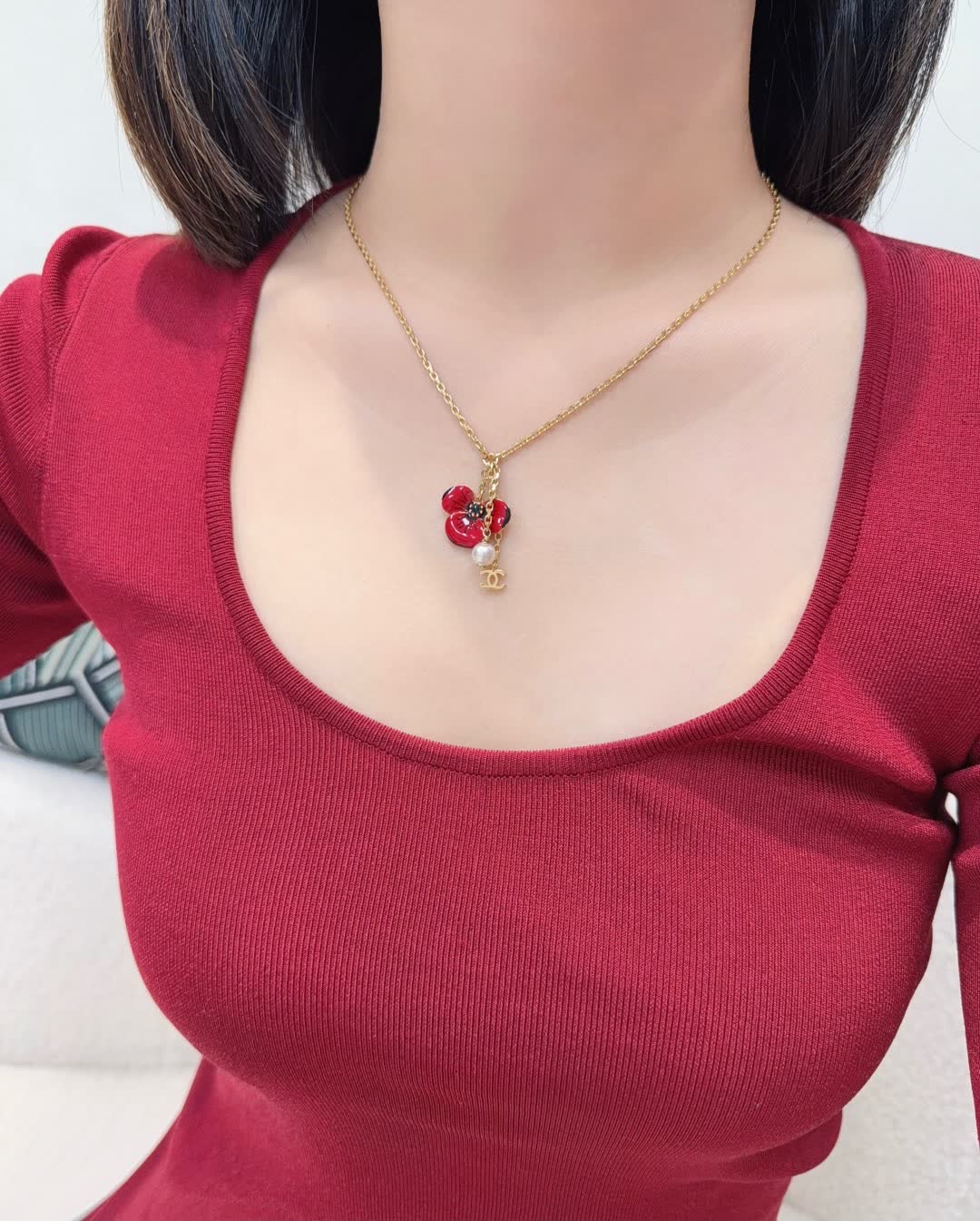 Chanel Red Flower Pendant Necklace
