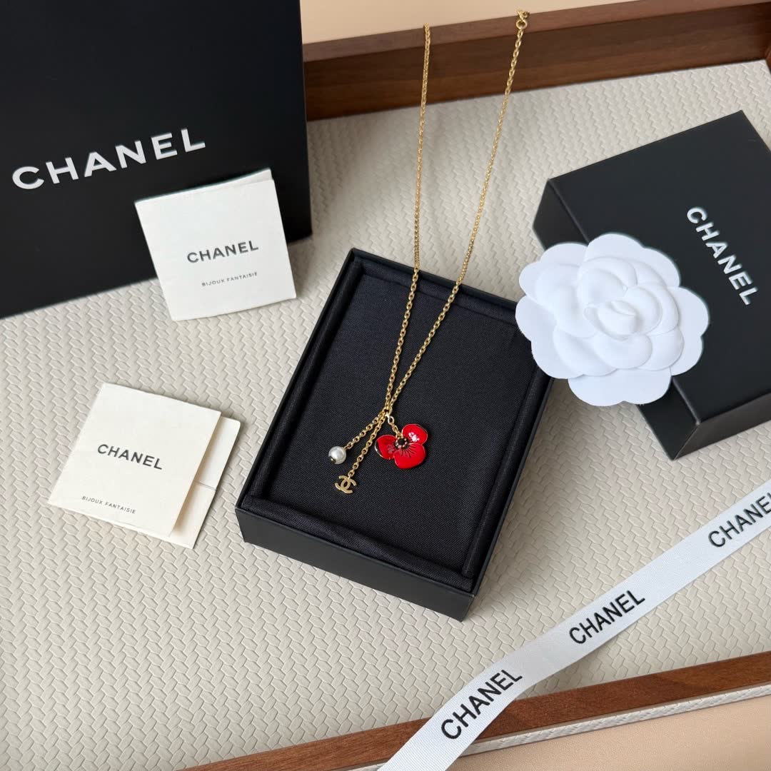 Chanel Red Flower Pendant Necklace