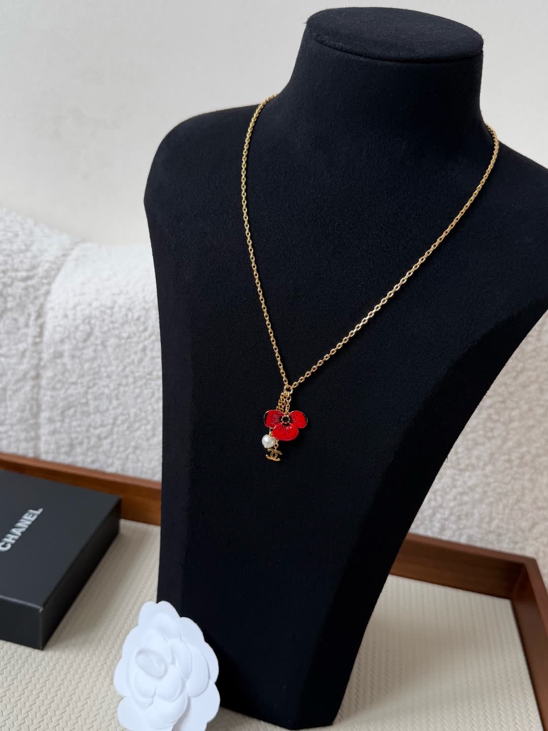 Chanel Red Flower Pendant Necklace