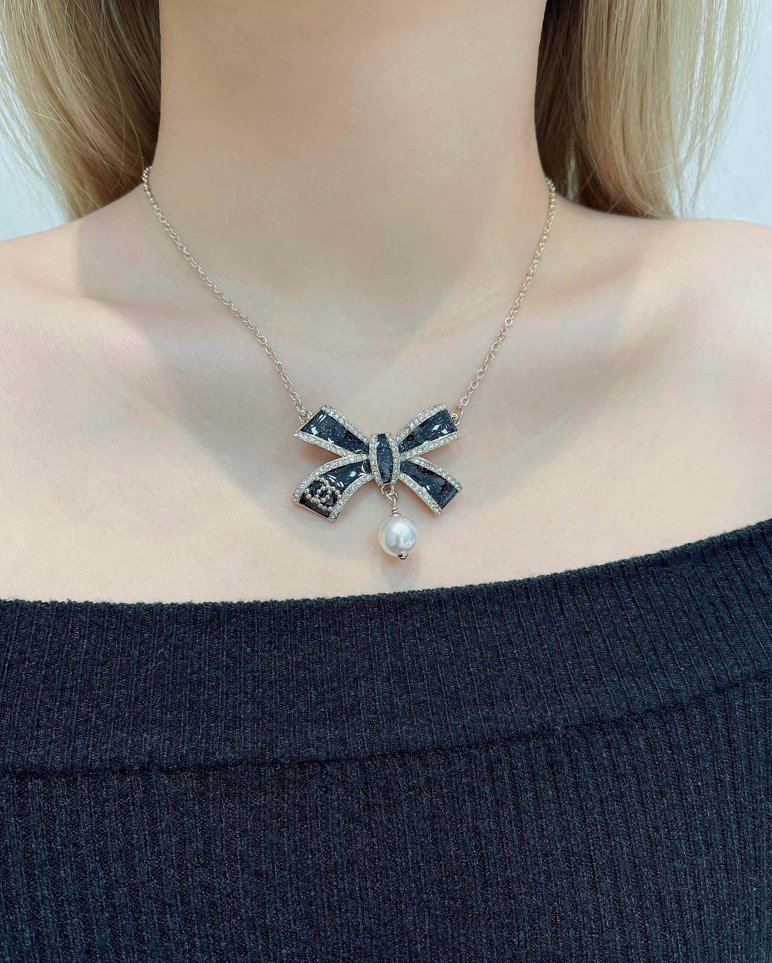 Chanel Black Diamond and Pearl Bow Pendant Necklace Chanel Black Diamond and Pearl Bow Pendant Necklace