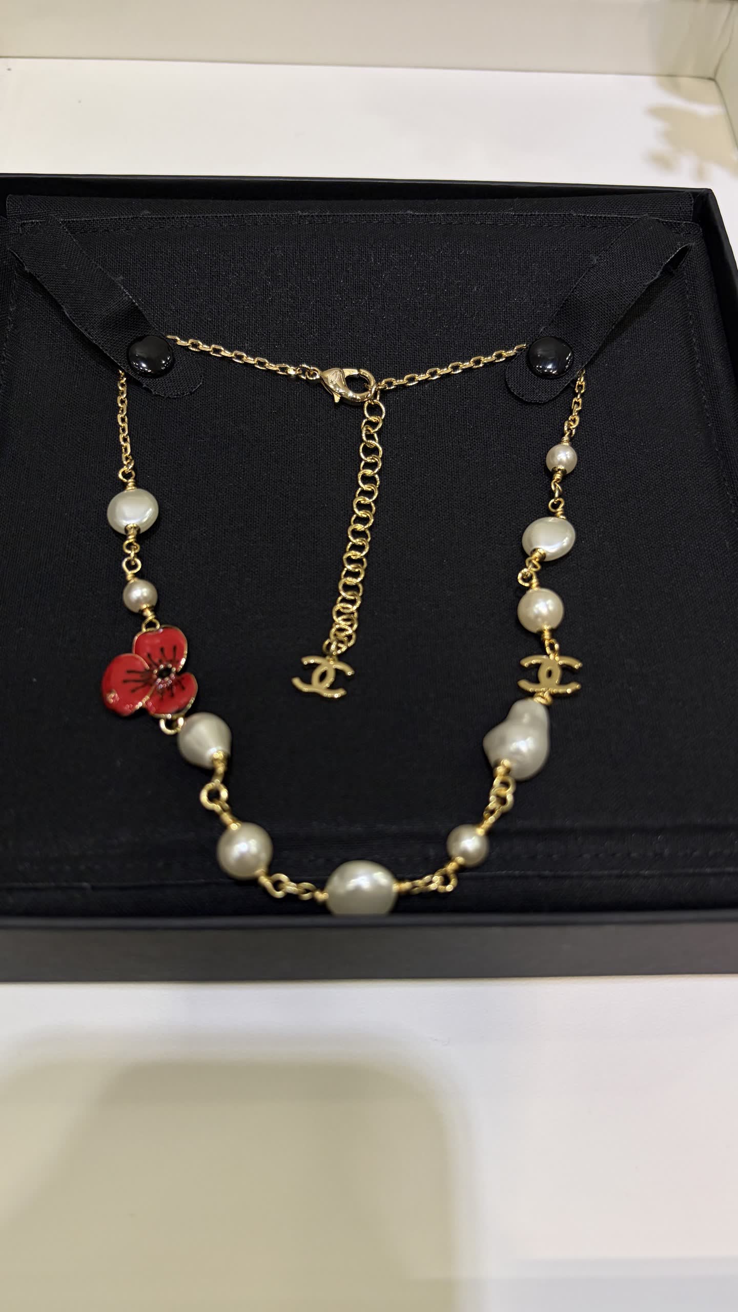 Chanel Red Flower and Pearl Necklace