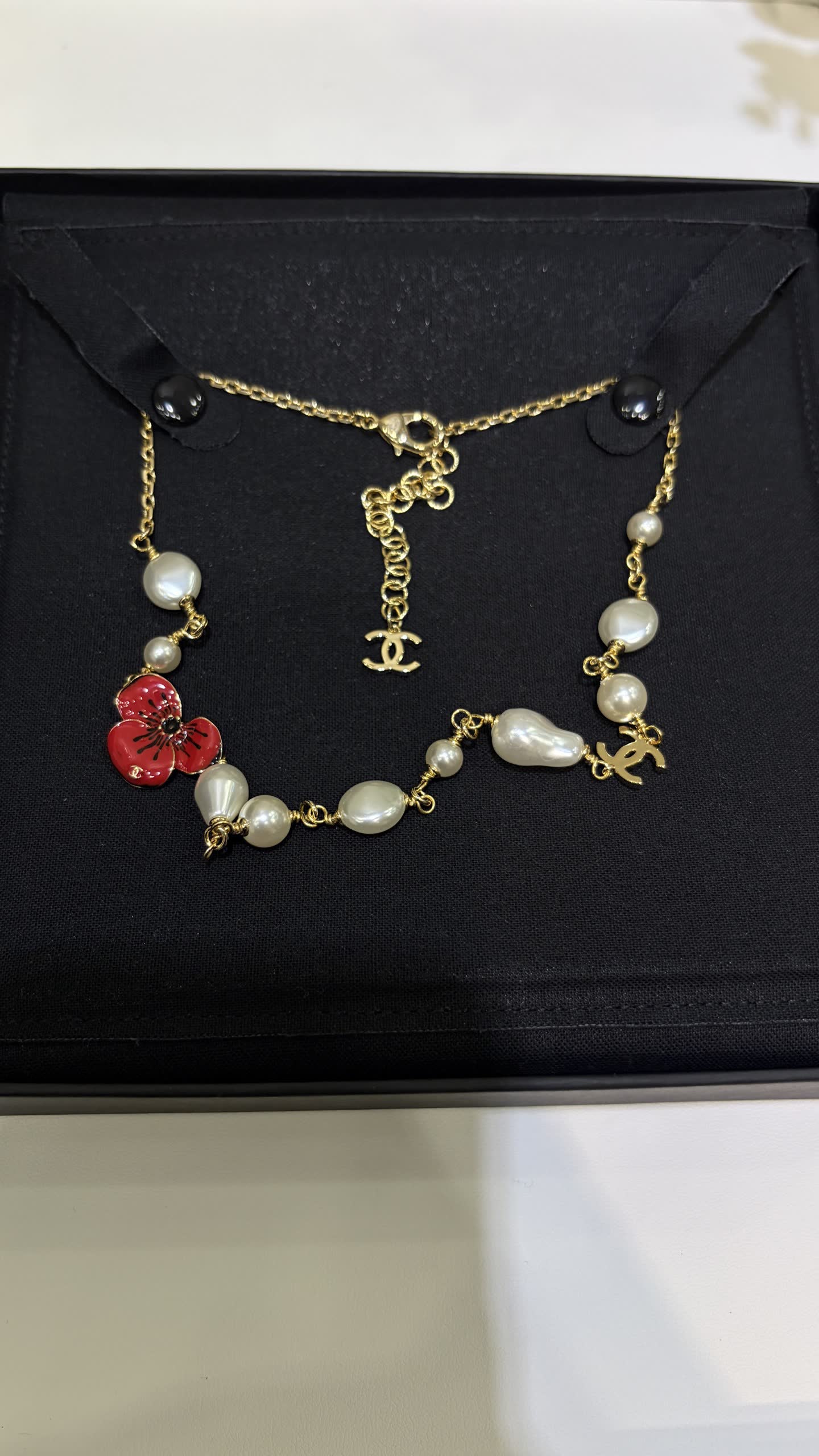 Chanel Red Flower and Pearl Necklace