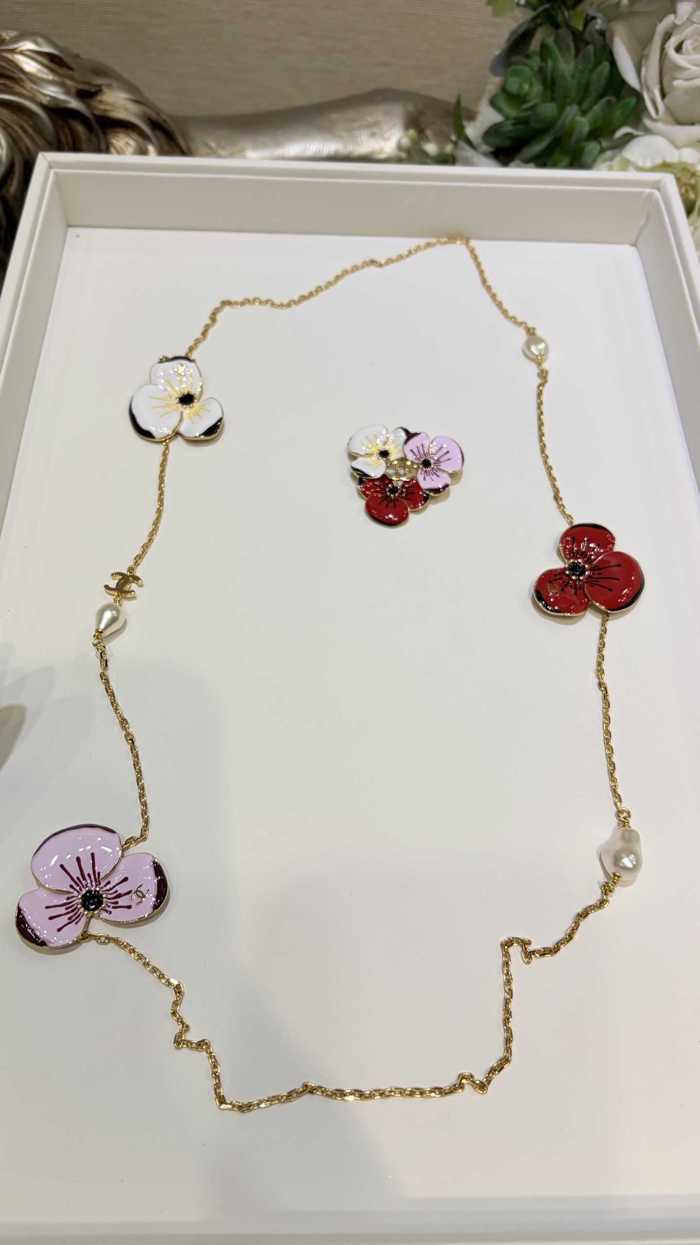 Chanel Floral Enamel and Pearl Necklace