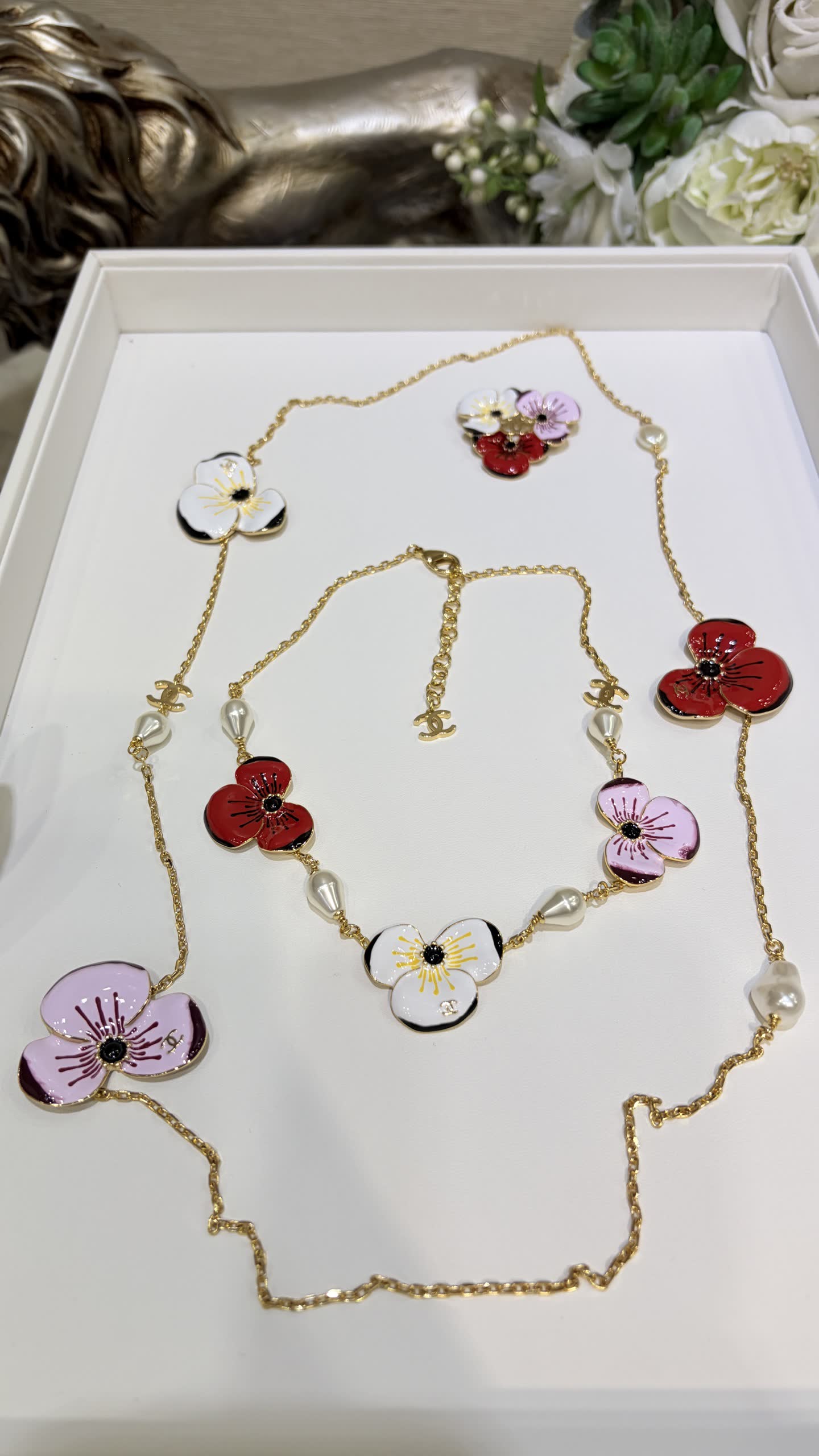 Chanel Floral Enamel and Pearl Necklace