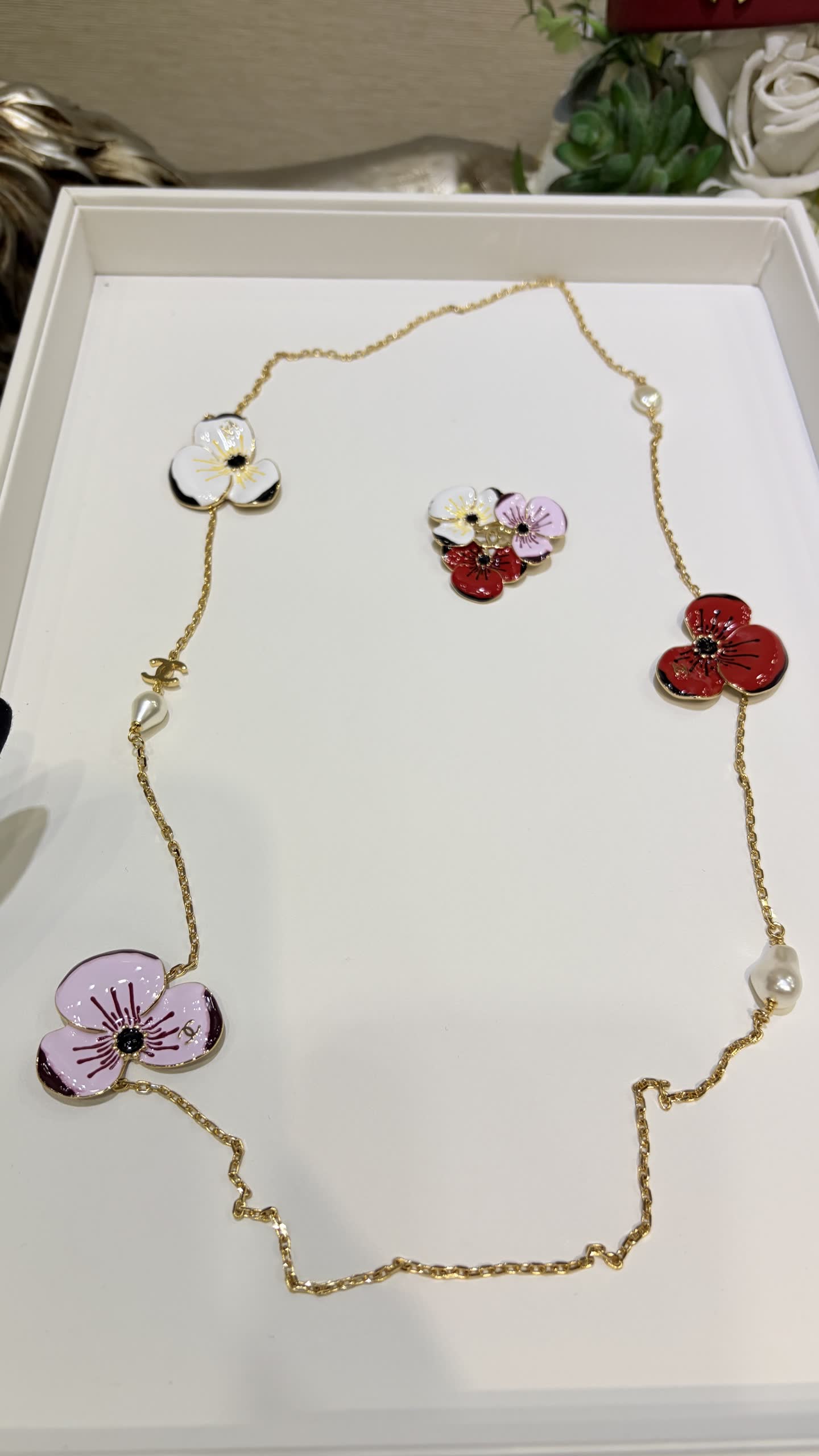 Chanel Floral Enamel and Pearl Necklace