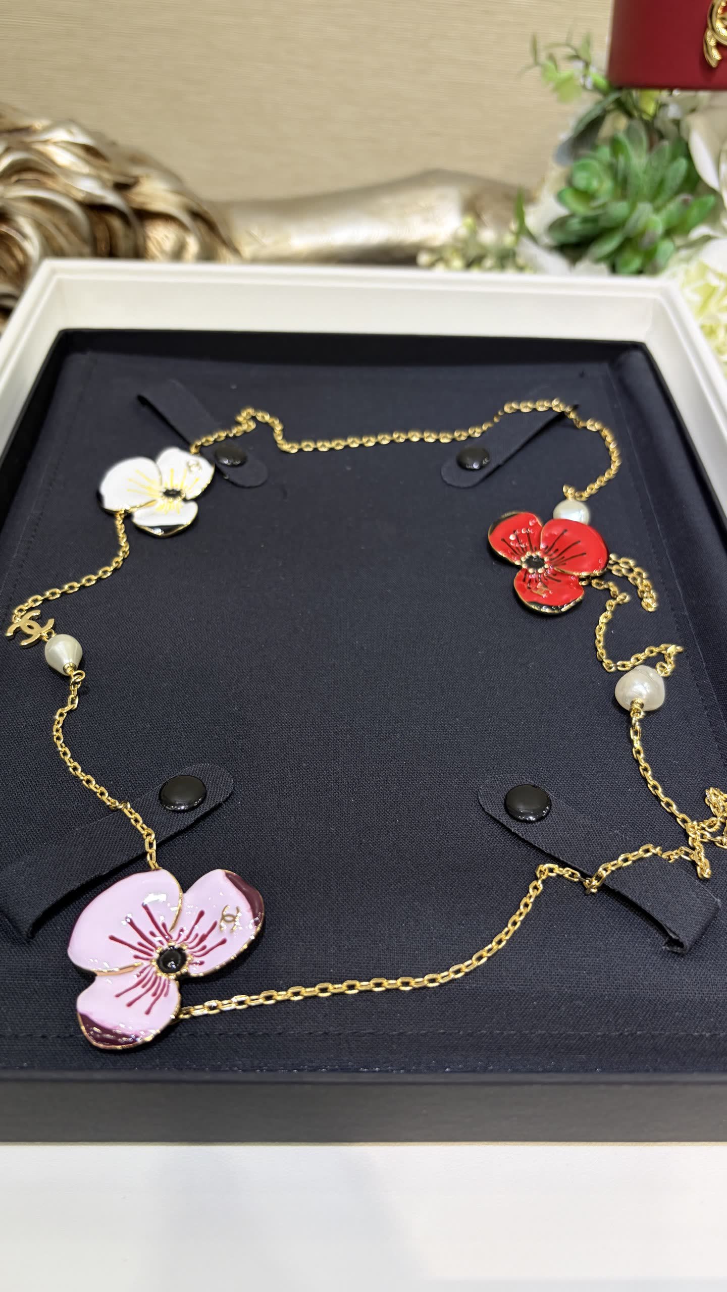 Chanel Floral Enamel and Pearl Necklace