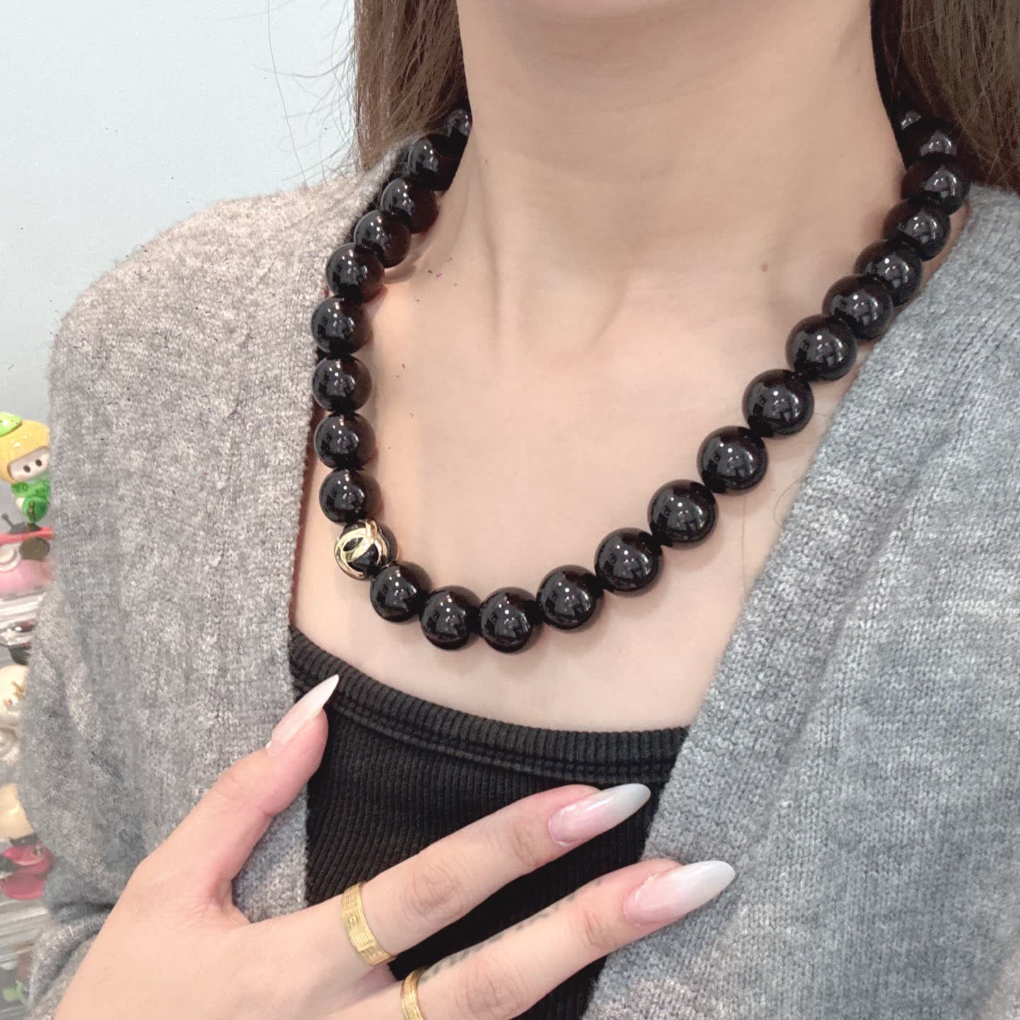 Chanel Black Bead Necklace with Gold Logo Chanel Black Bead Necklace with Gold Logo