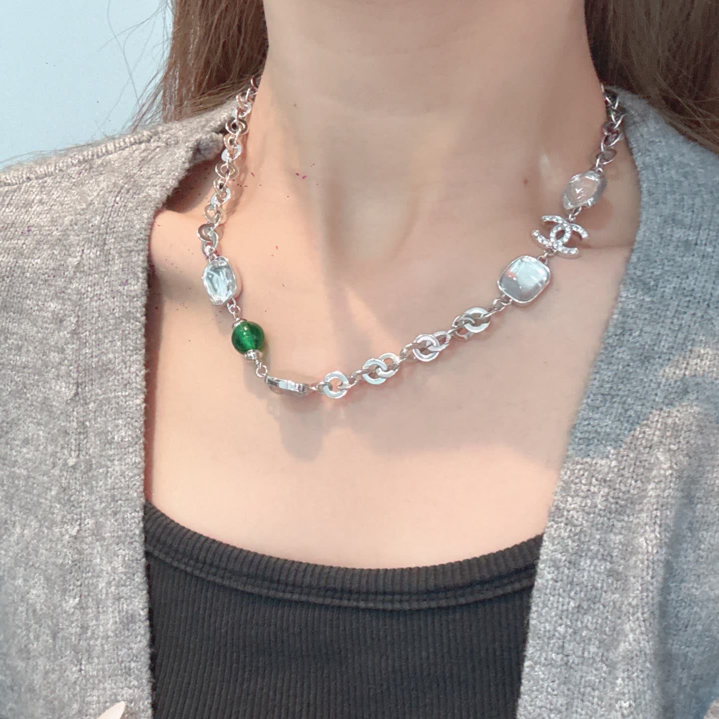 Chanel Silver Tone Crystal and Green Bead Necklace