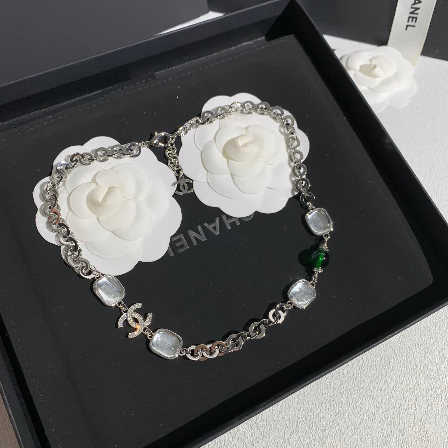 Chanel Silver Tone Crystal and Green Bead Necklace