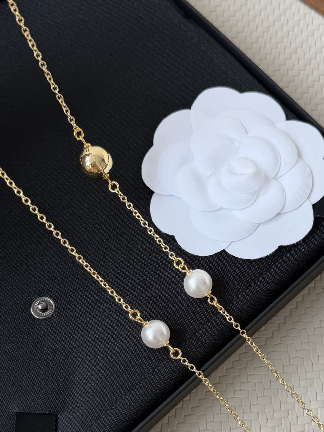 Chanel Long Gold Chain Necklace with Pearls and Beads