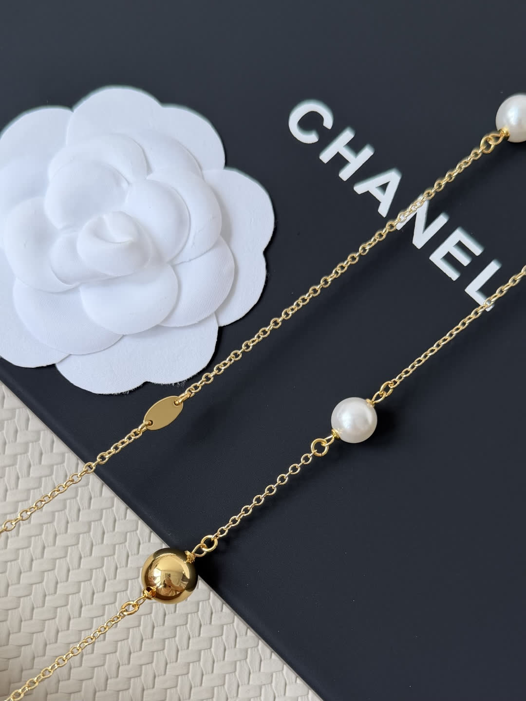 Chanel Long Gold Chain Necklace with Pearls and Beads