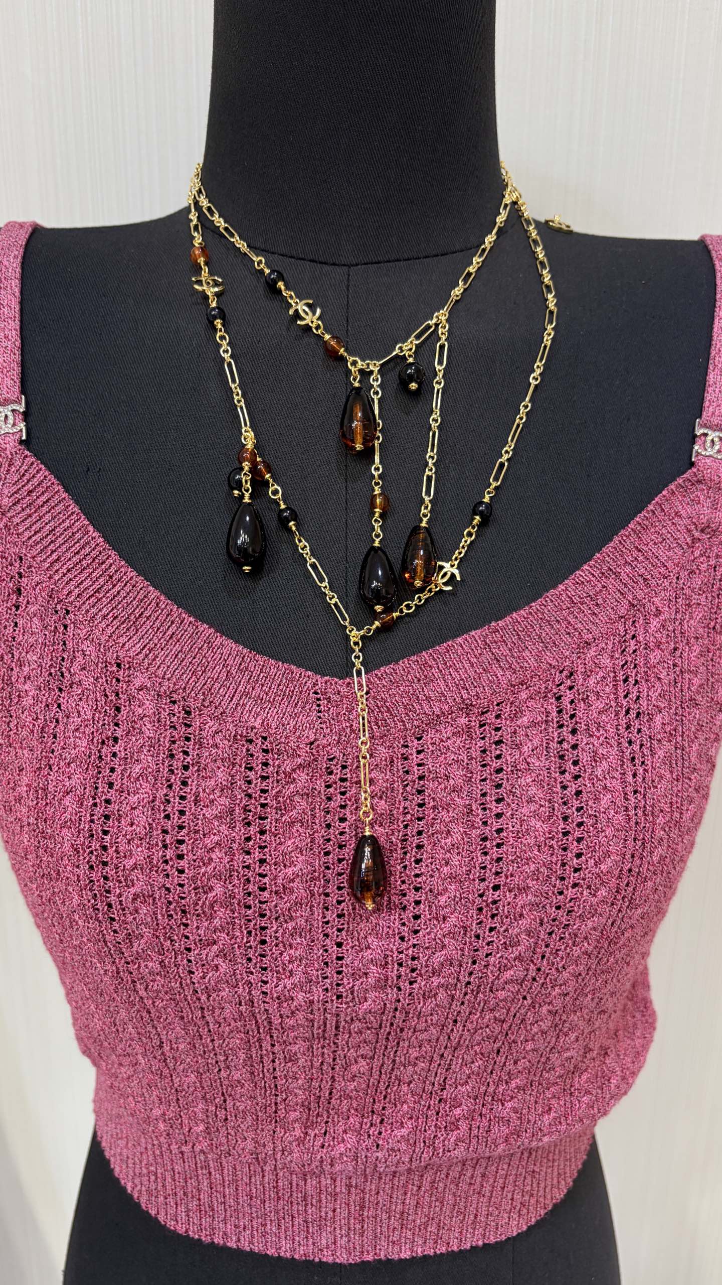 Chanel Gold Chain Necklace with Black and Brown Beads