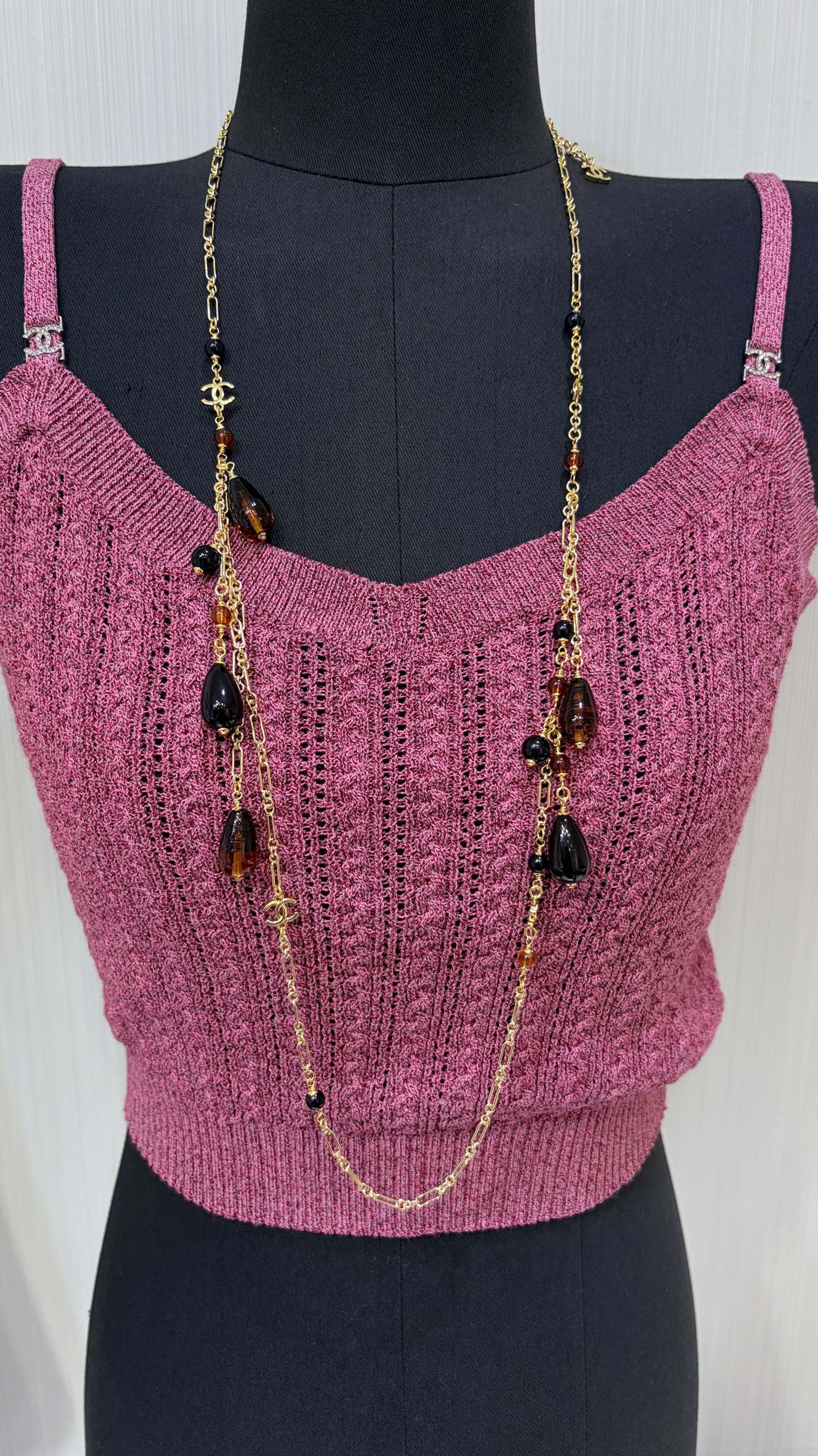 Chanel Gold Chain Necklace with Black and Brown Beads