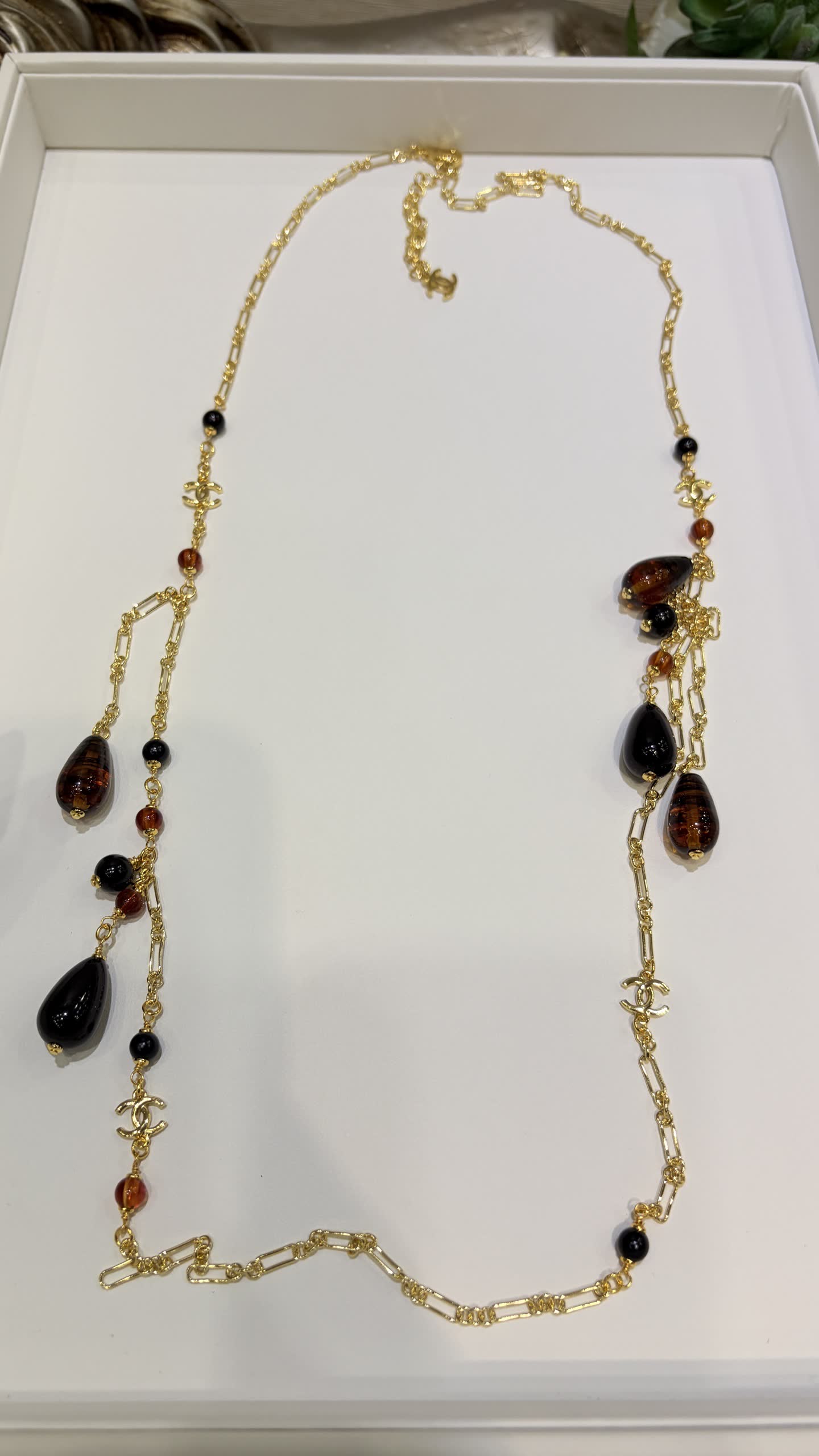Chanel Gold Chain Necklace with Black and Brown Beads