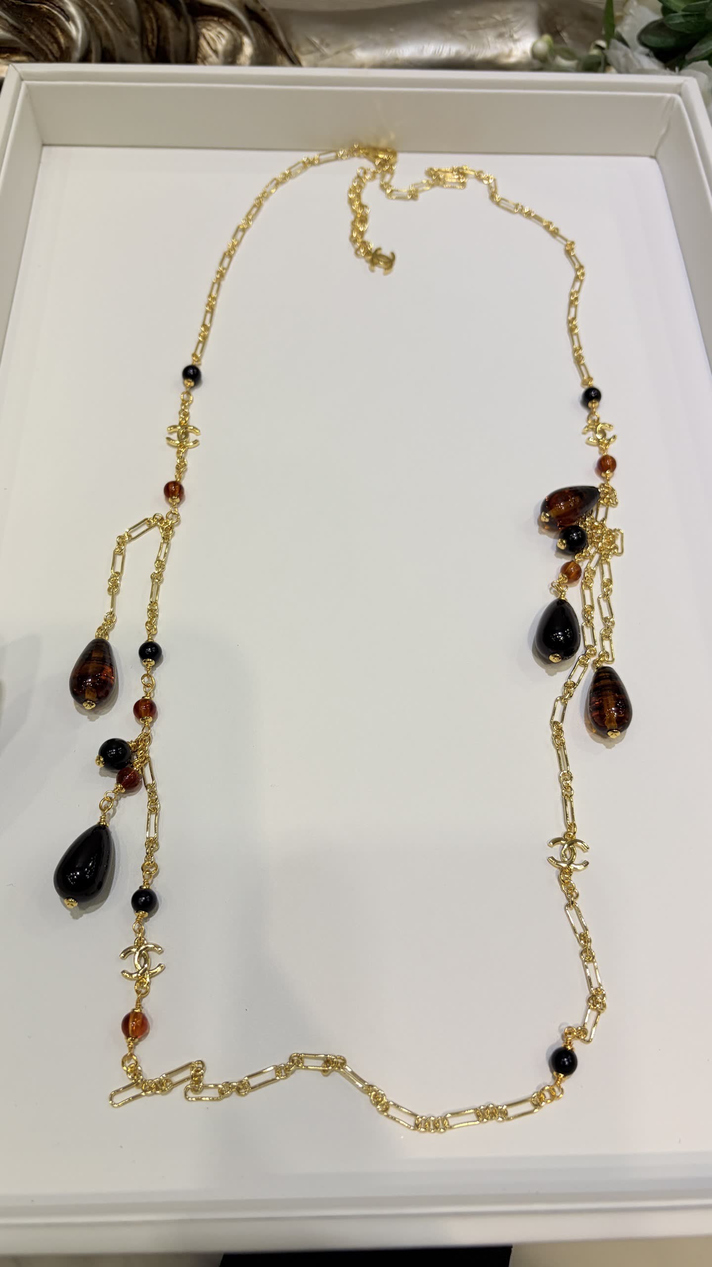 Chanel Gold Chain Necklace with Black and Brown Beads