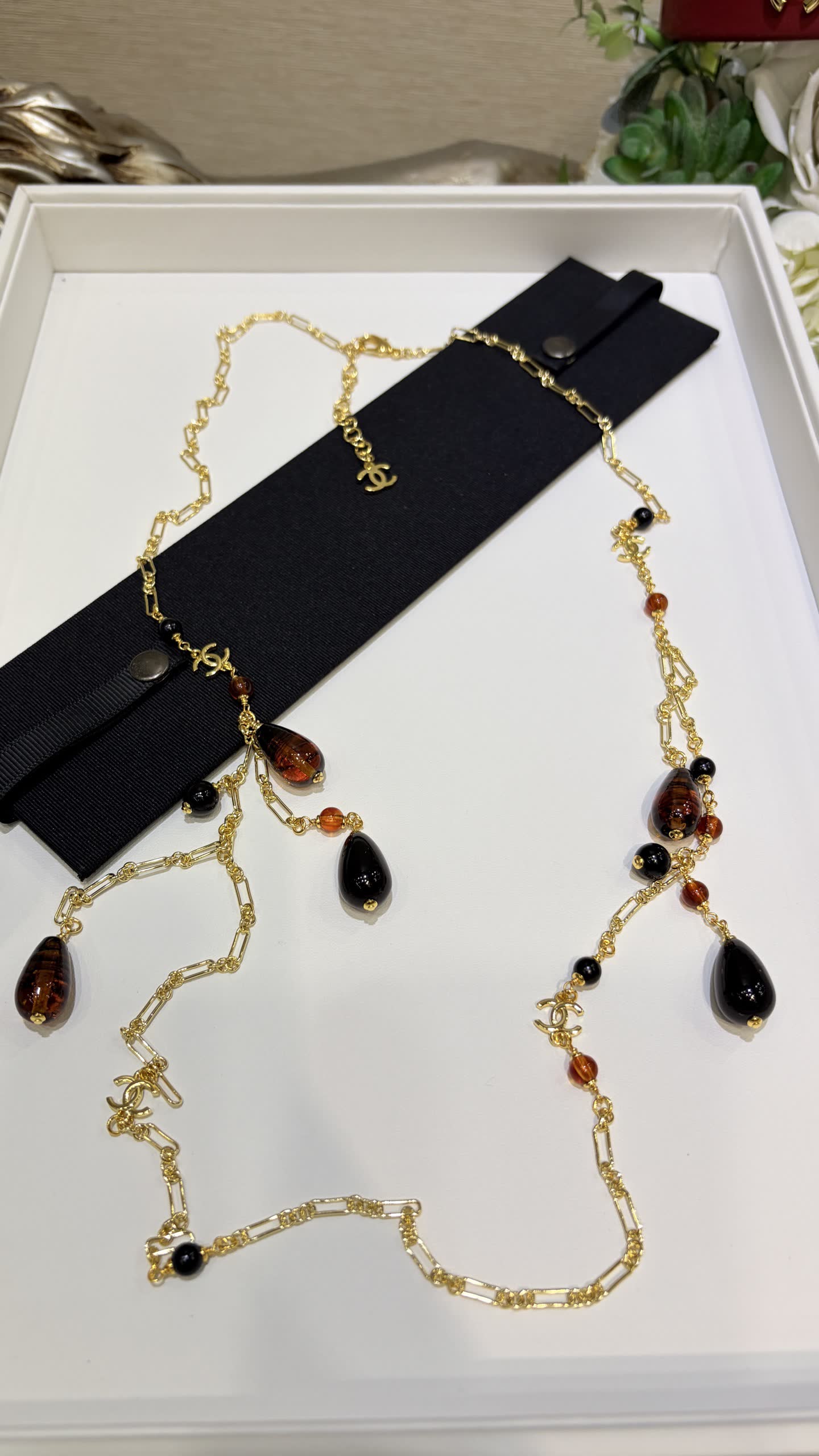 Chanel Gold Chain Necklace with Black and Brown Beads