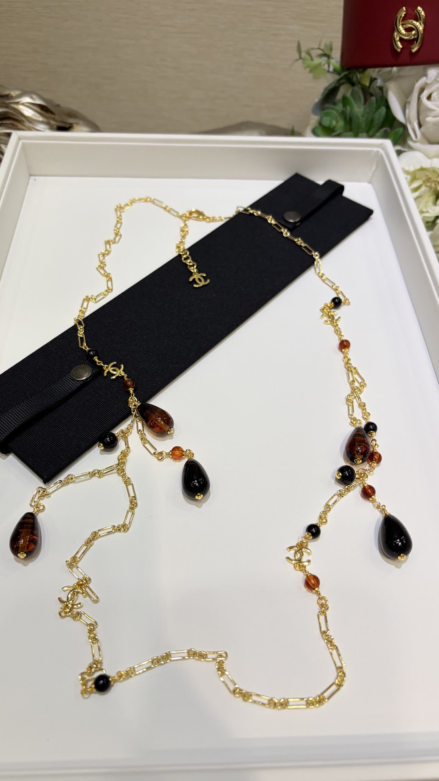 Chanel Gold Chain Necklace with Black and Brown Beads