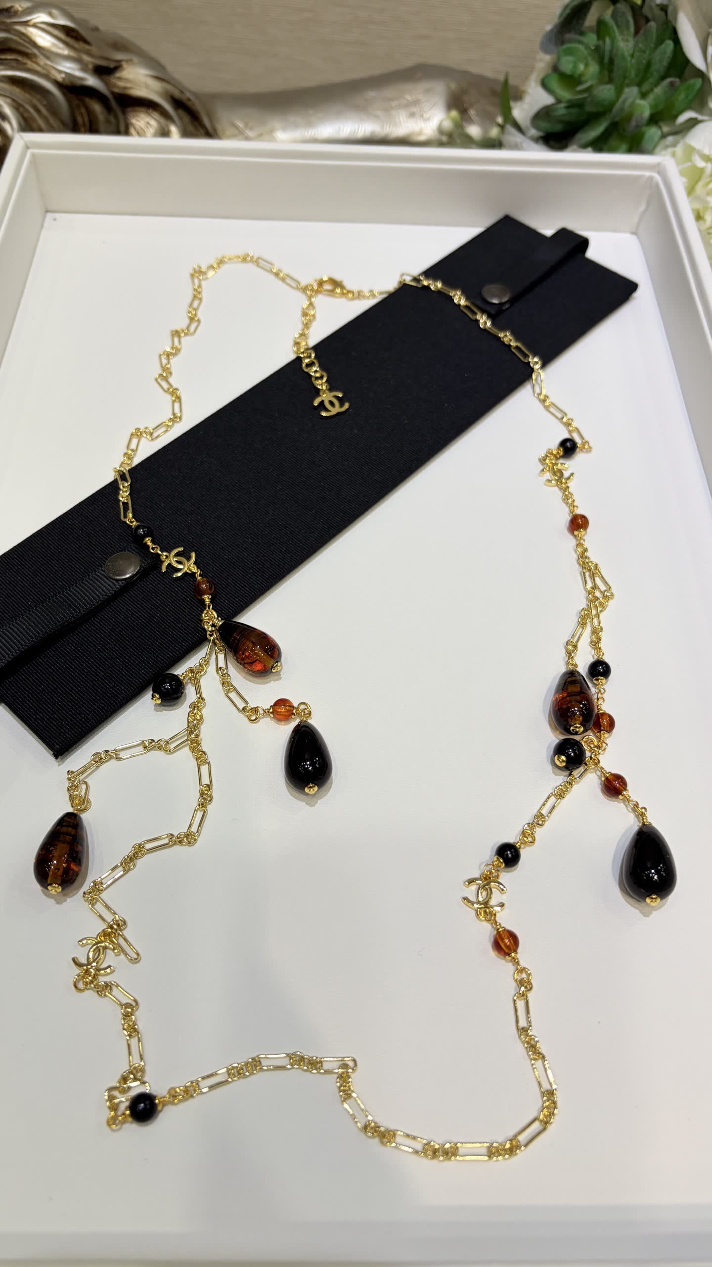 Chanel Gold Chain Necklace with Black and Brown Beads