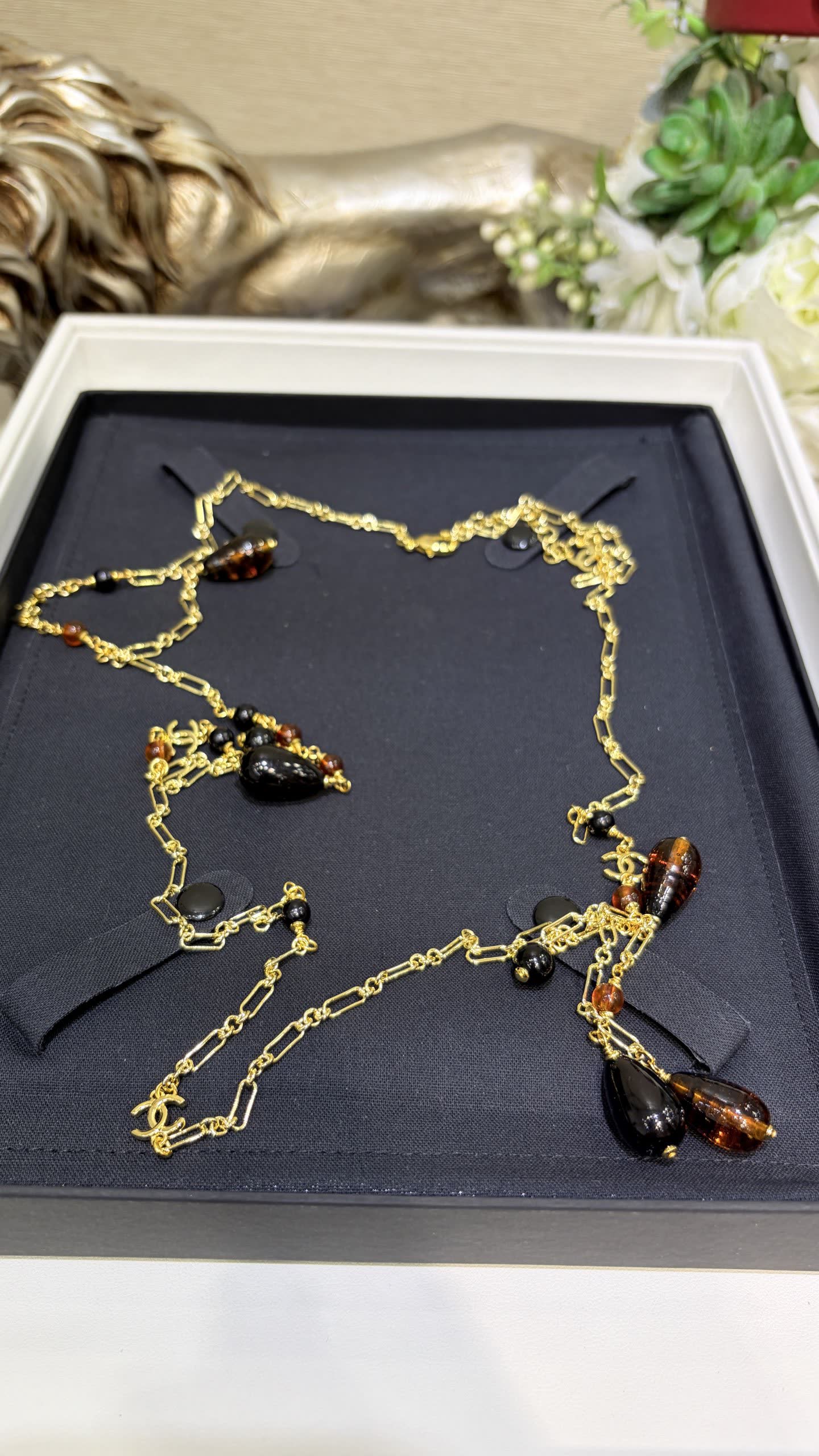 Chanel Gold Chain Necklace with Black and Brown Beads