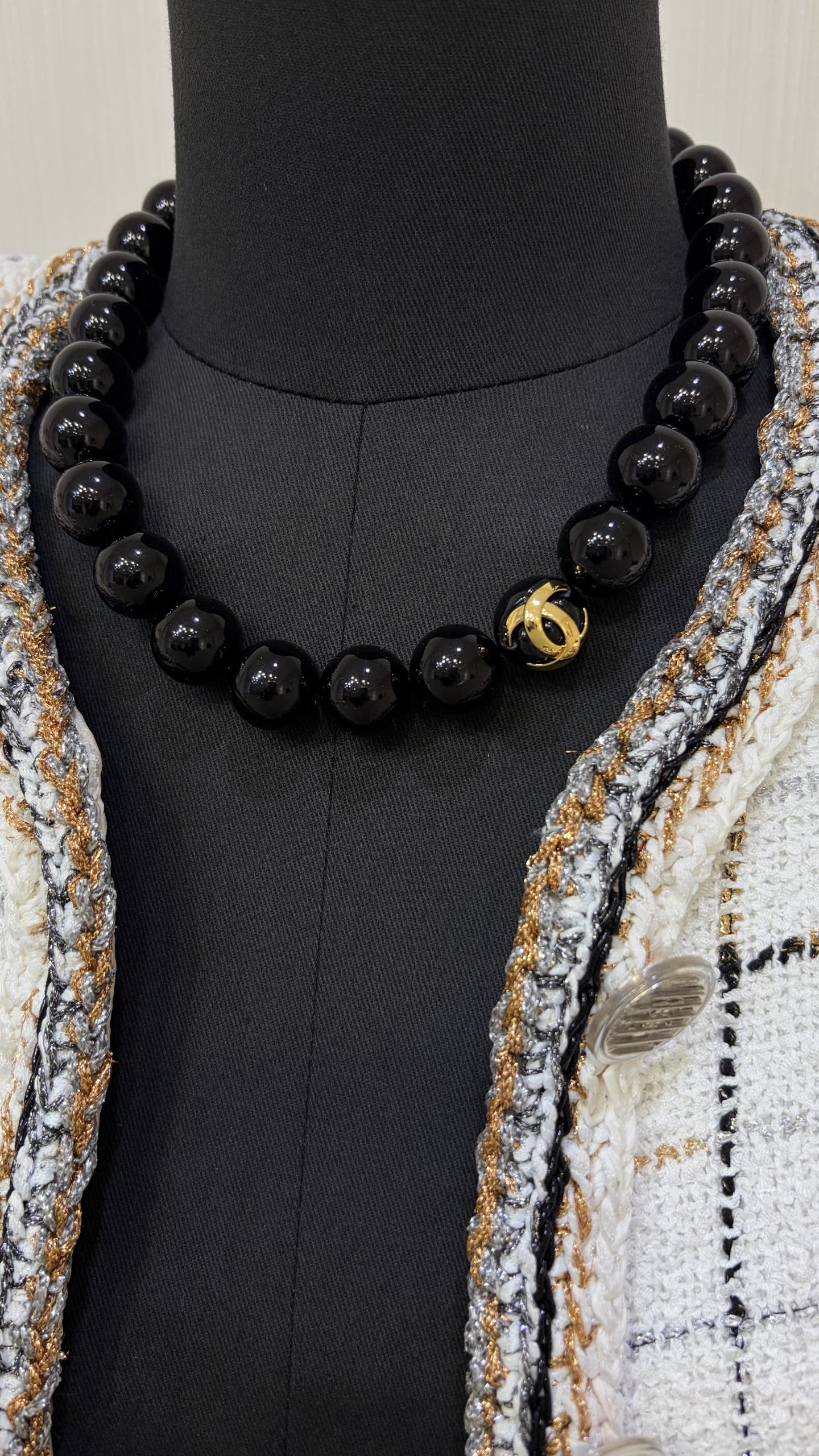 Chanel Black Bead Necklace with Gold CC Logo Chanel Black Bead Necklace with Gold CC Logo