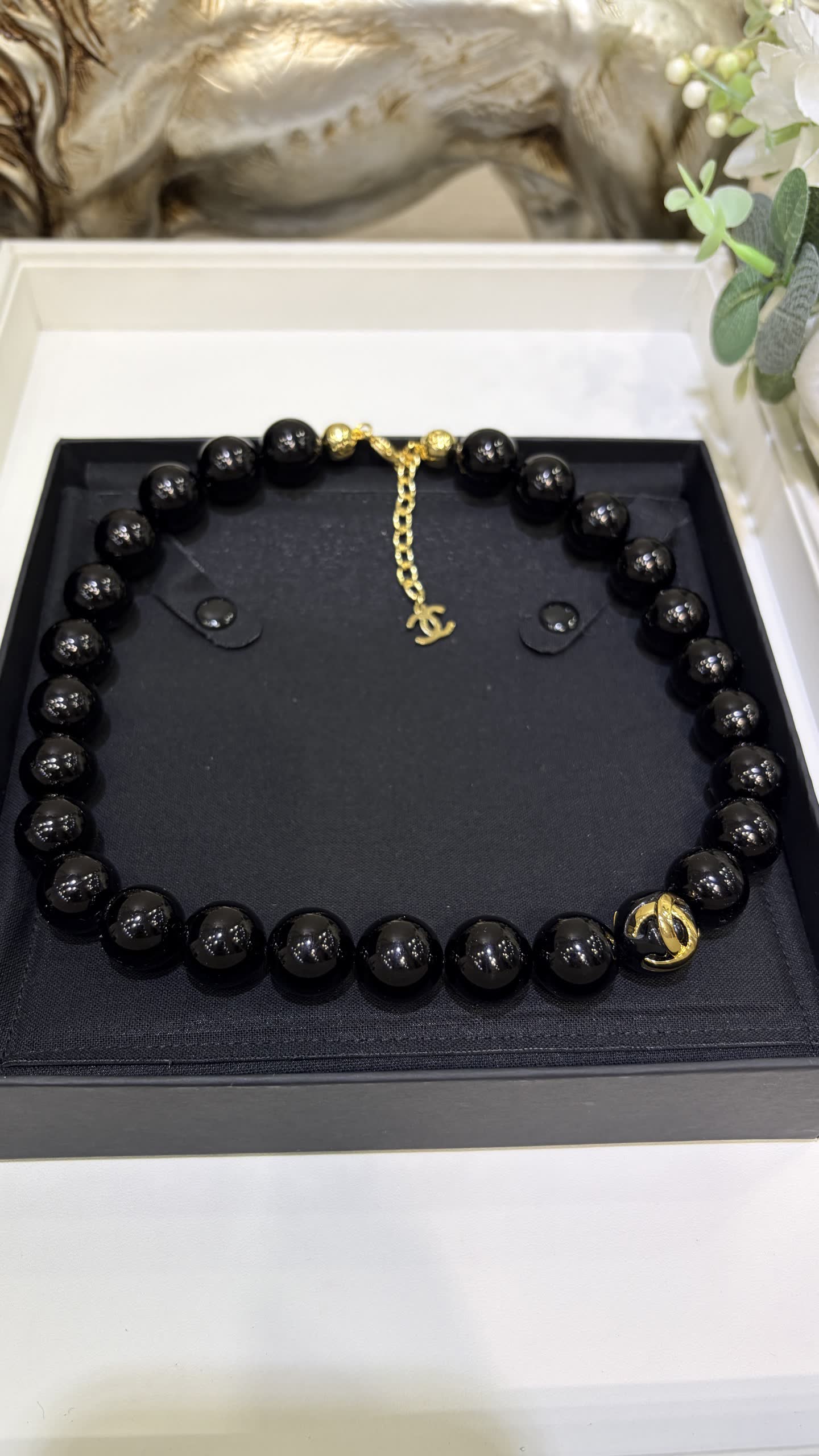 Chanel Black Bead Necklace with Gold CC Logo