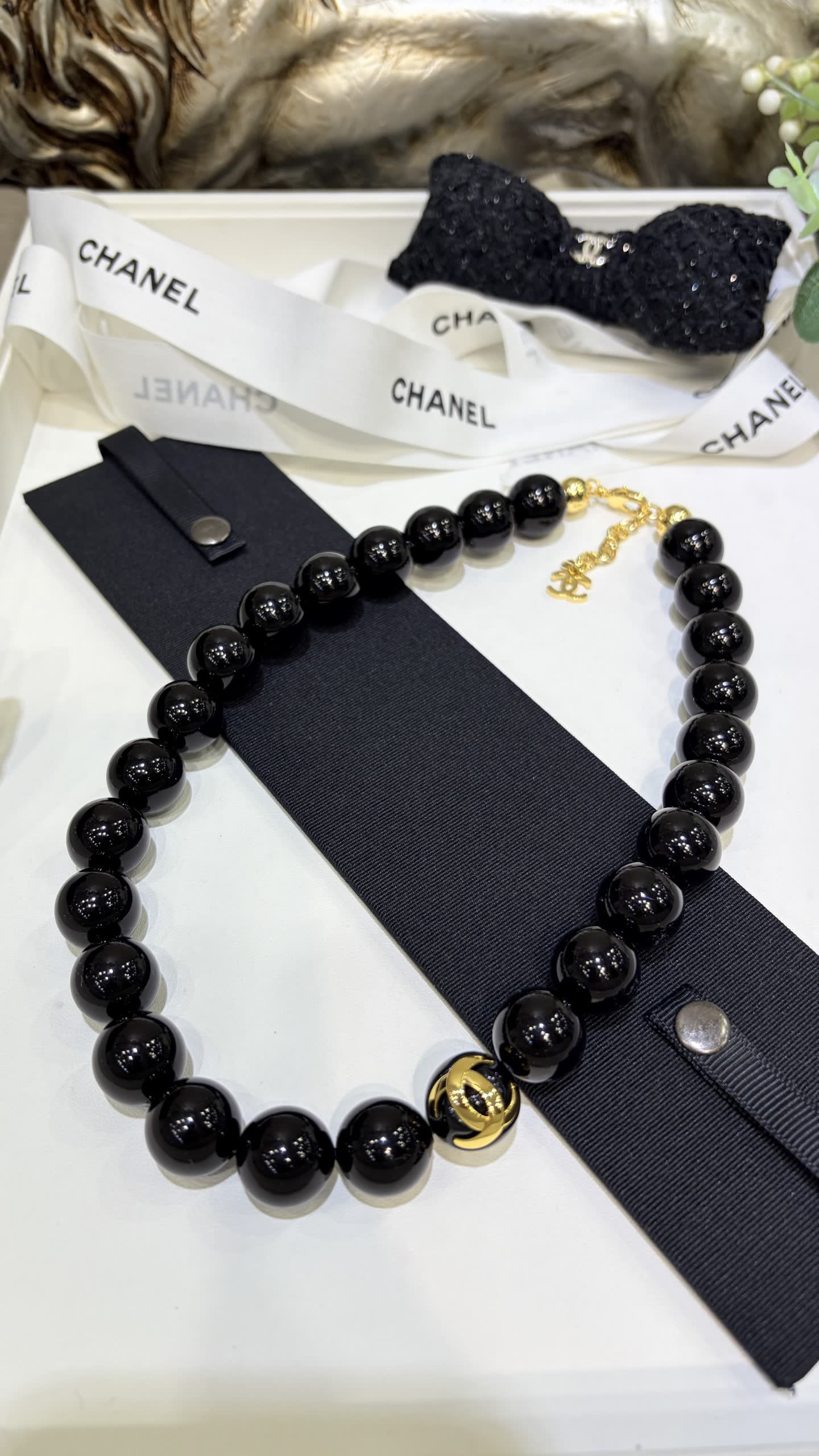 Chanel Black Bead Necklace with Gold CC Logo