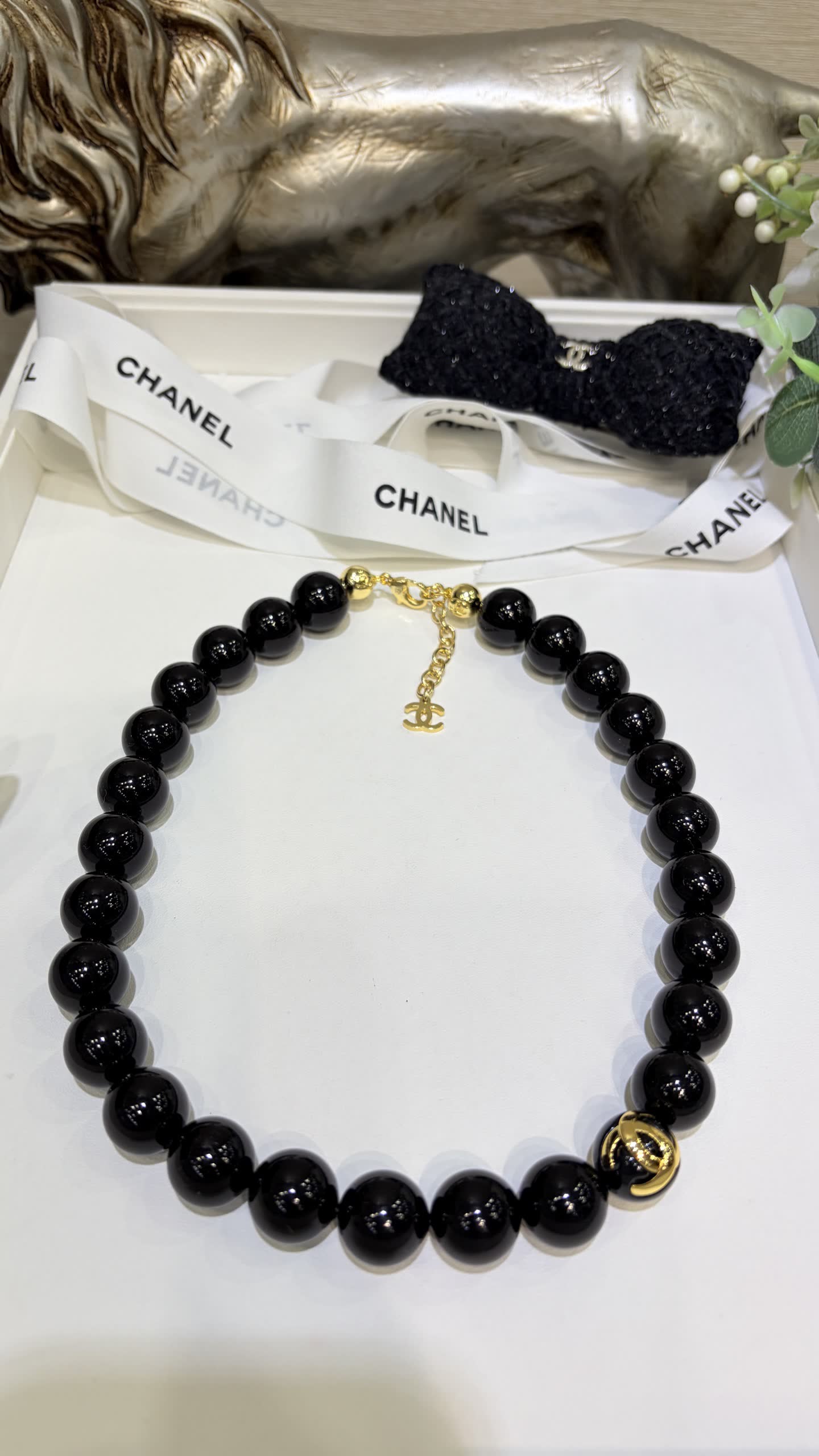 Chanel Black Bead Necklace with Gold CC Logo
