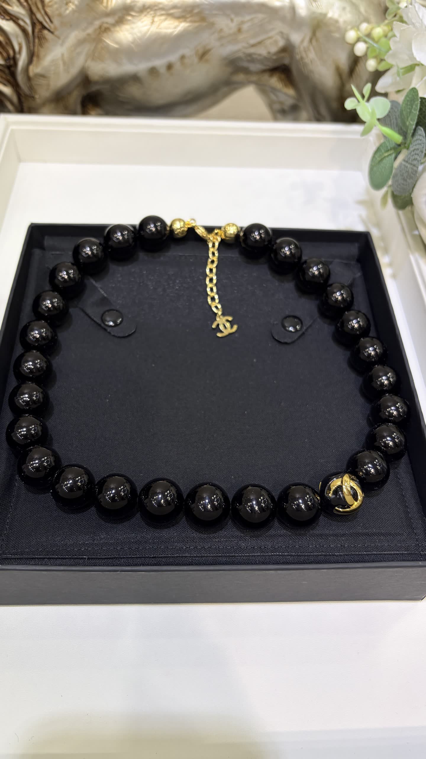 Chanel Black Bead Necklace with Gold CC Logo