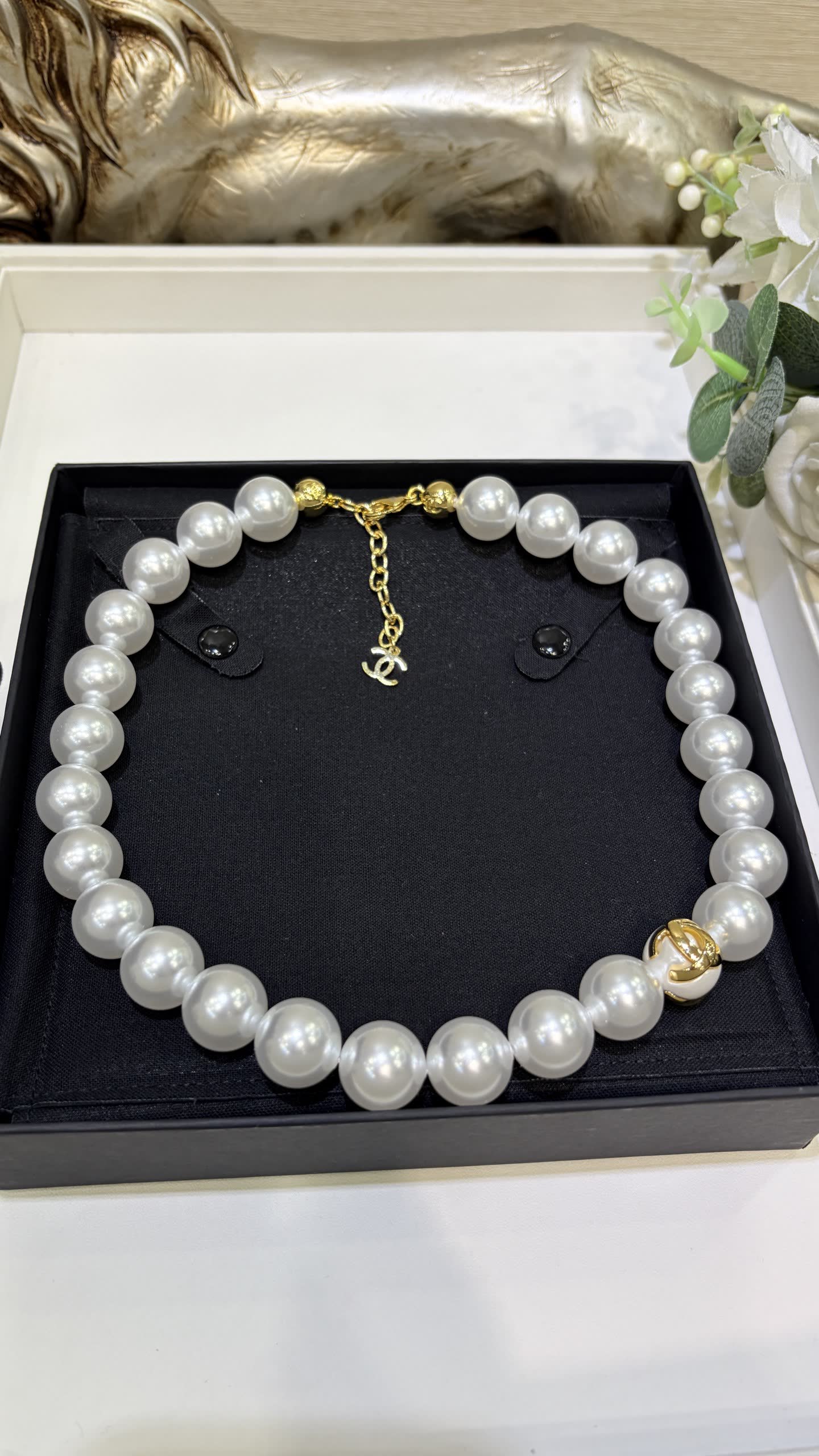 Chanel Pearl Necklace with Gold CC Logo