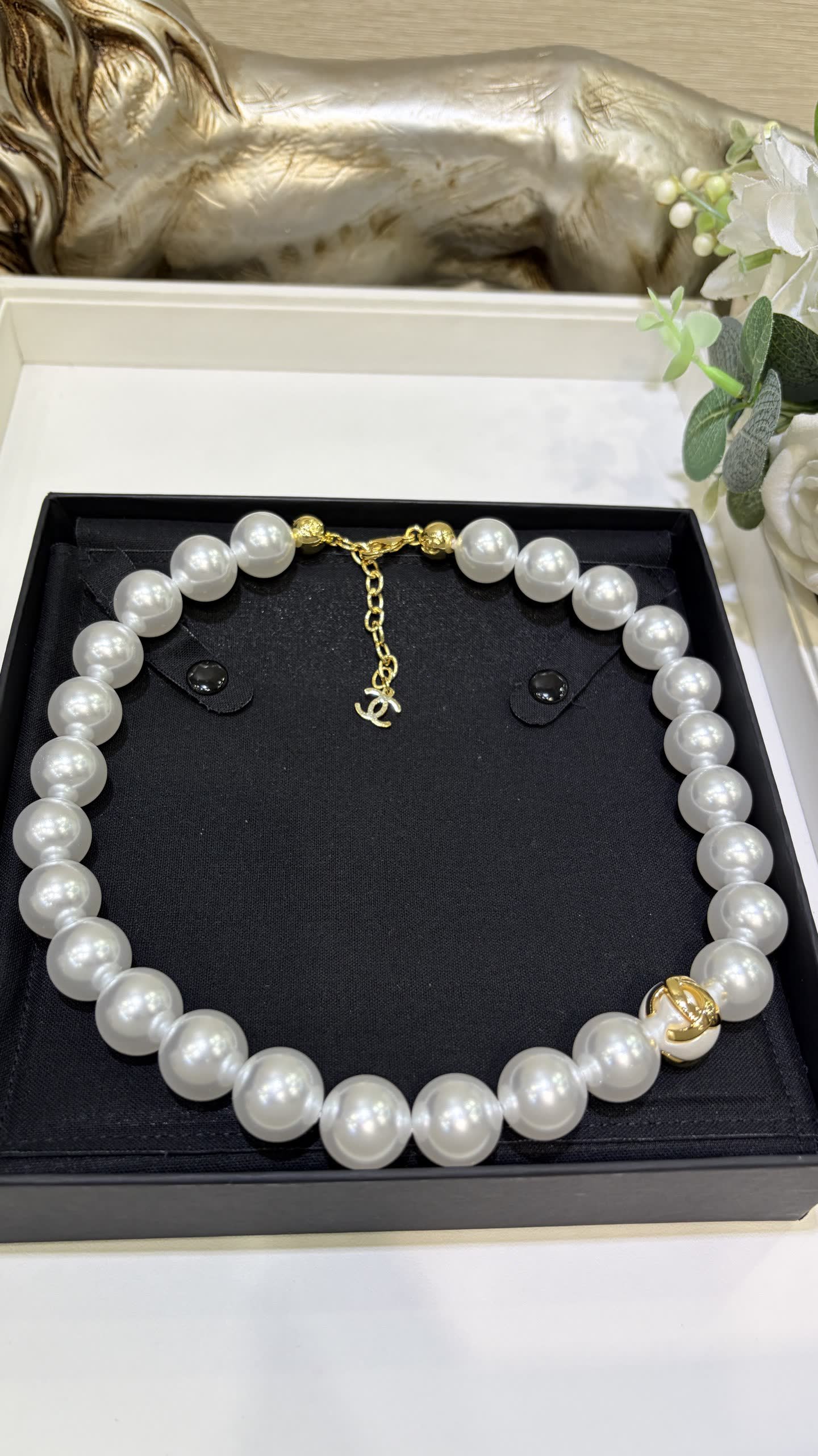 Chanel Pearl Necklace with Gold CC Logo