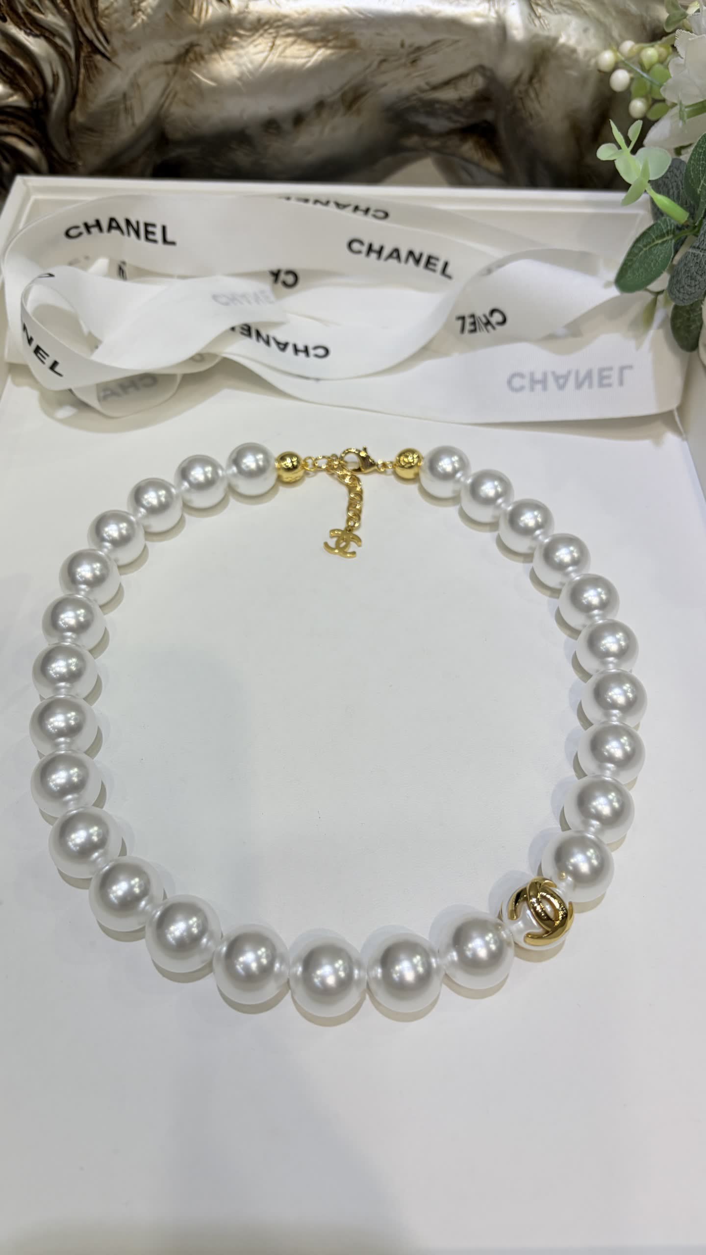 Chanel Pearl Necklace with Gold CC Logo
