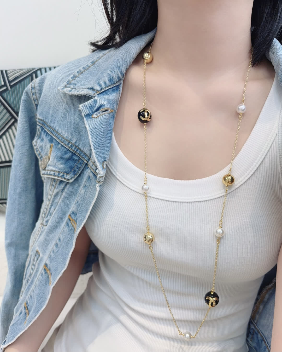 Chanel Long Gold Chain Necklace with Pearls and Black Beads