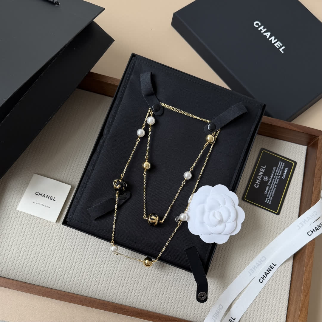 Chanel Long Gold Chain Necklace with Pearls and Black Beads