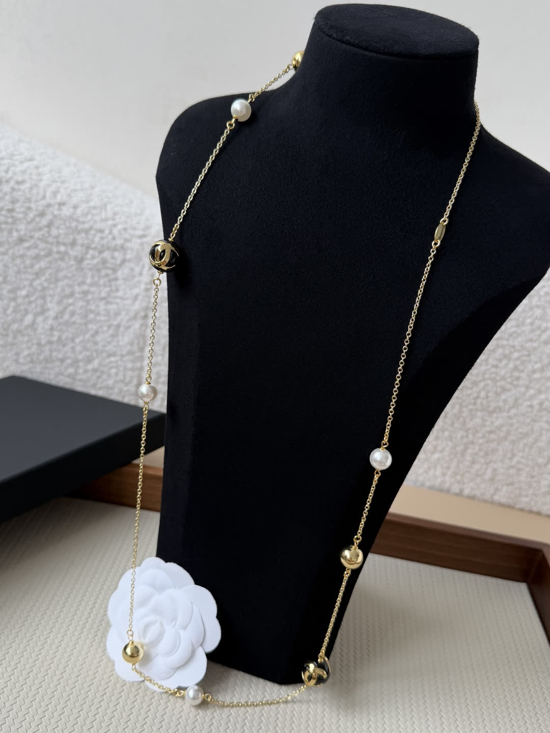 Chanel Long Gold Chain Necklace with Pearls and Black Beads