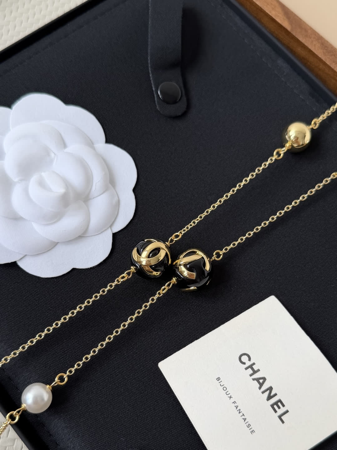 Chanel Long Gold Chain Necklace with Pearls and Black Beads