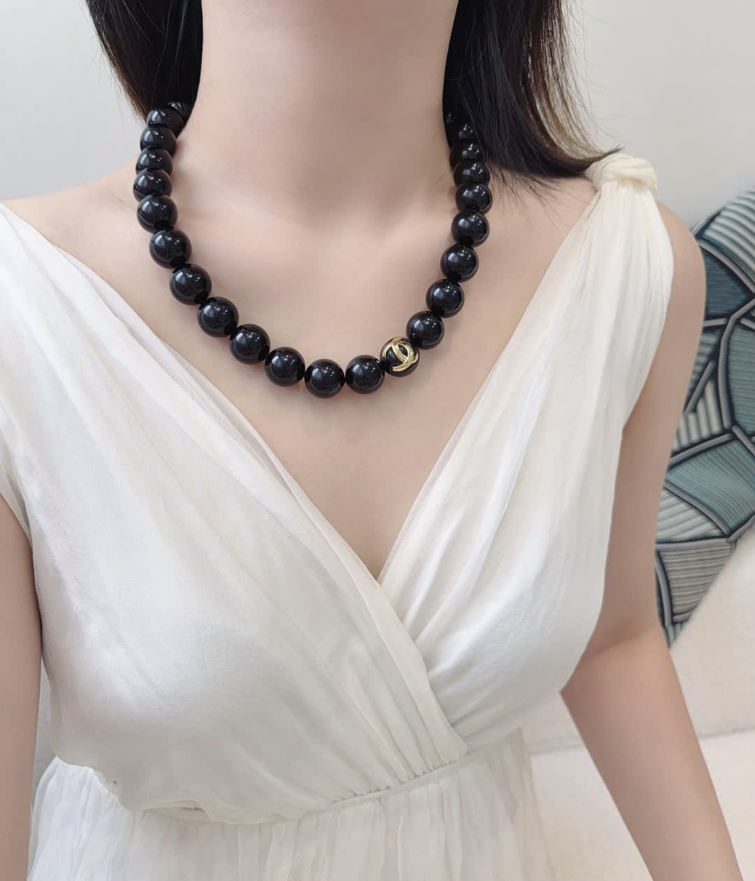 Chanel Black Bead Necklace with Gold CC Logo Chanel Black Bead Necklace with Gold CC Logo
