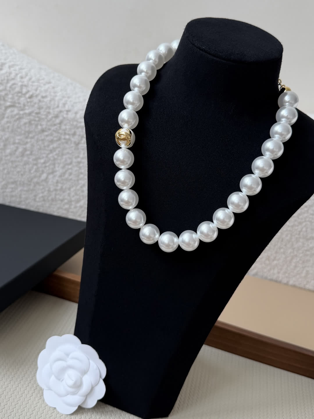 Chanel Black Bead Necklace with Gold CC Logo