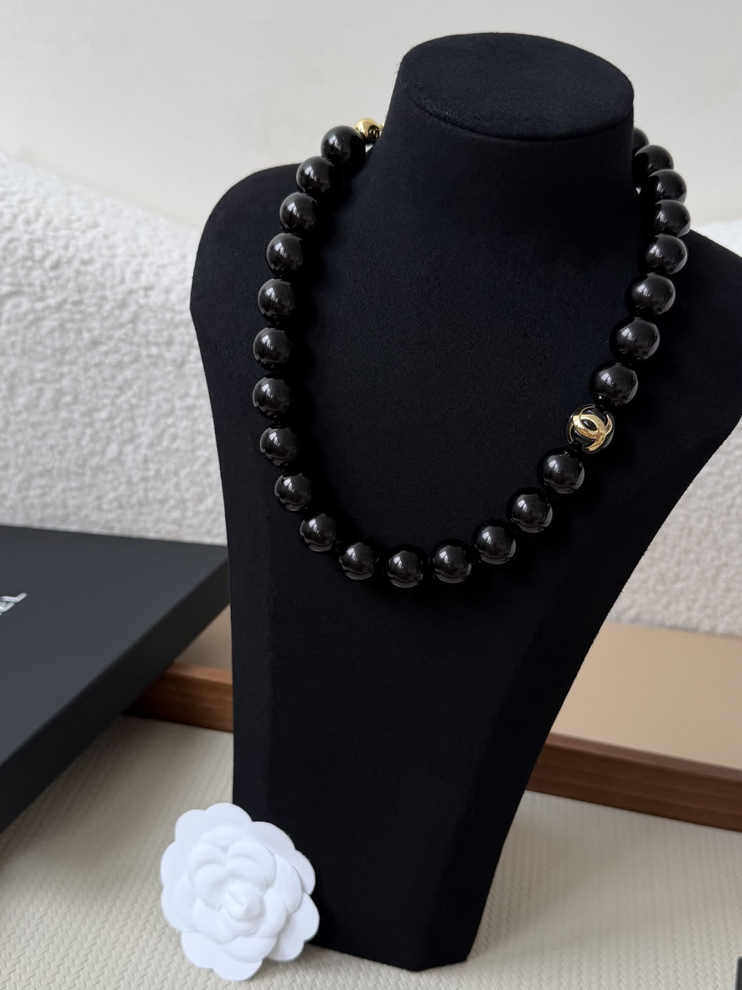 Chanel Black Bead Necklace with Gold CC Logo