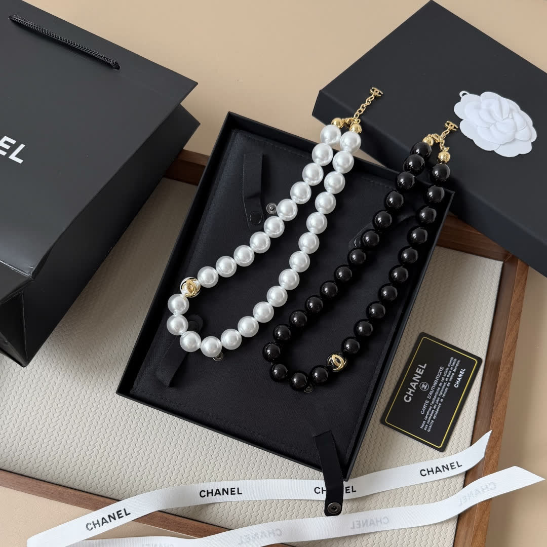 Chanel Black Bead Necklace with Gold CC Logo