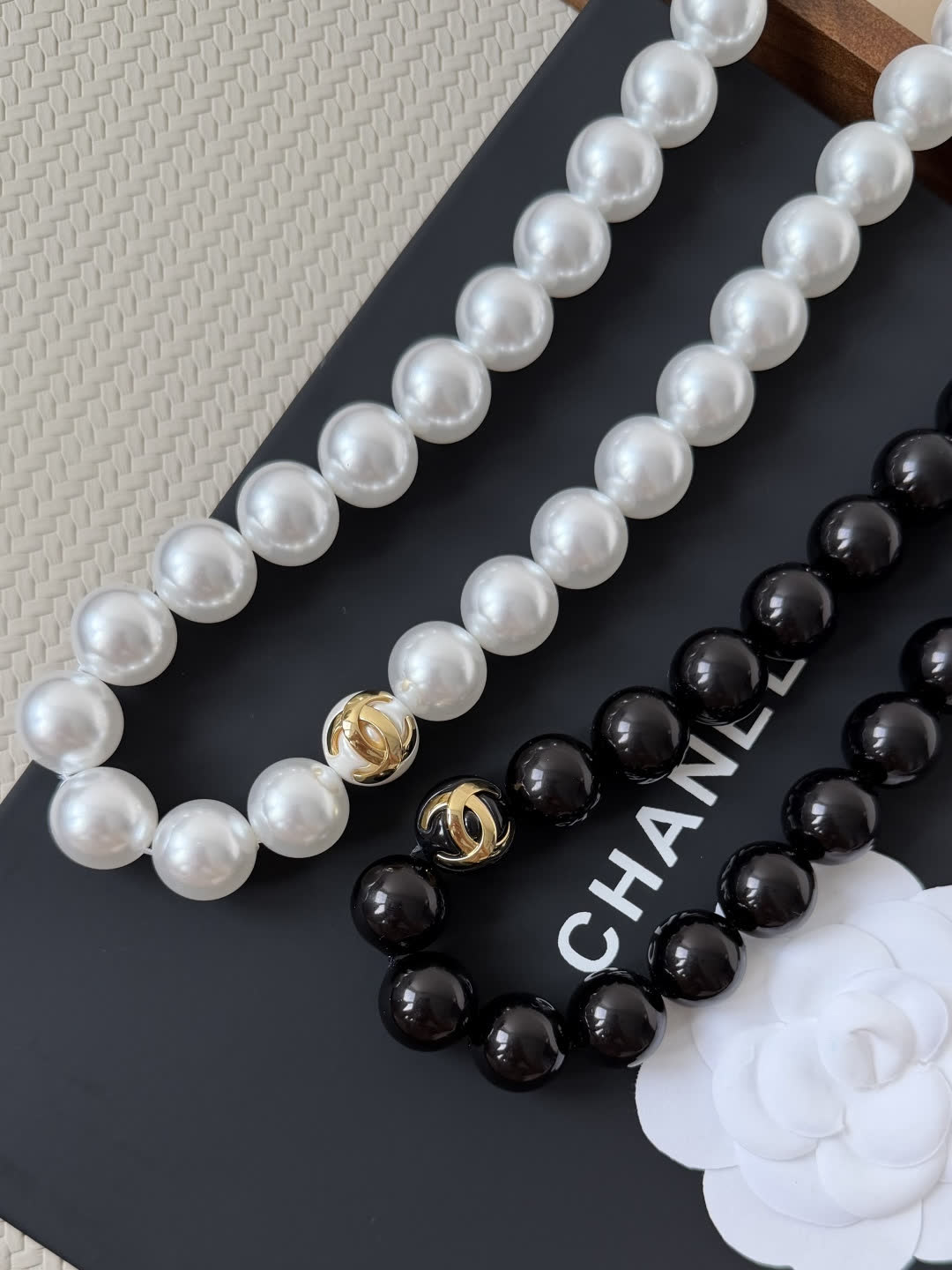 Chanel Black Bead Necklace with Gold CC Logo