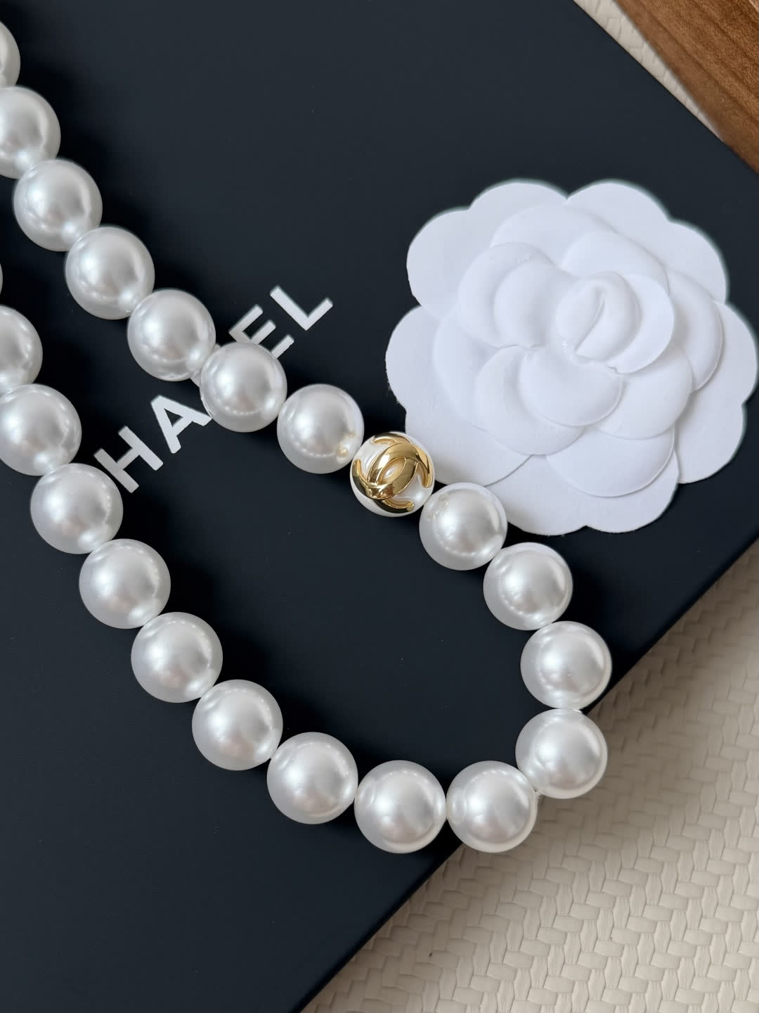 Chanel Black Bead Necklace with Gold CC Logo