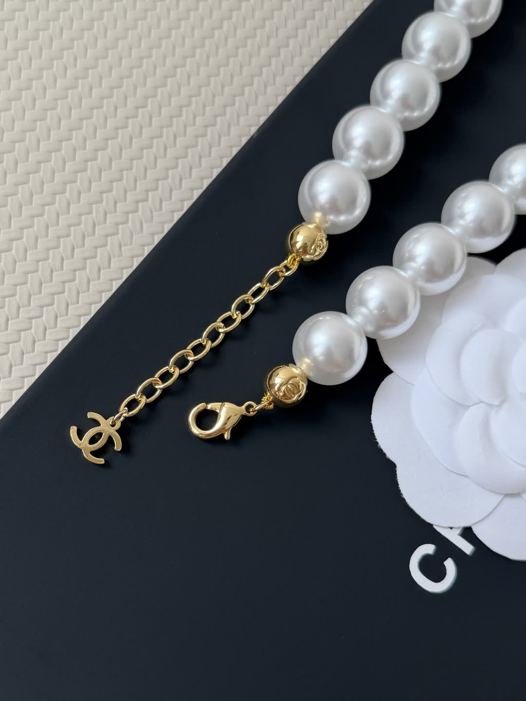 Chanel Black Bead Necklace with Gold CC Logo