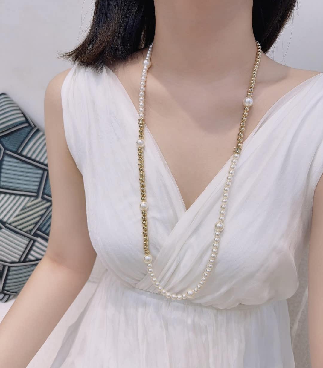 Chanel Elegant Pearl and Gold Bead Necklace