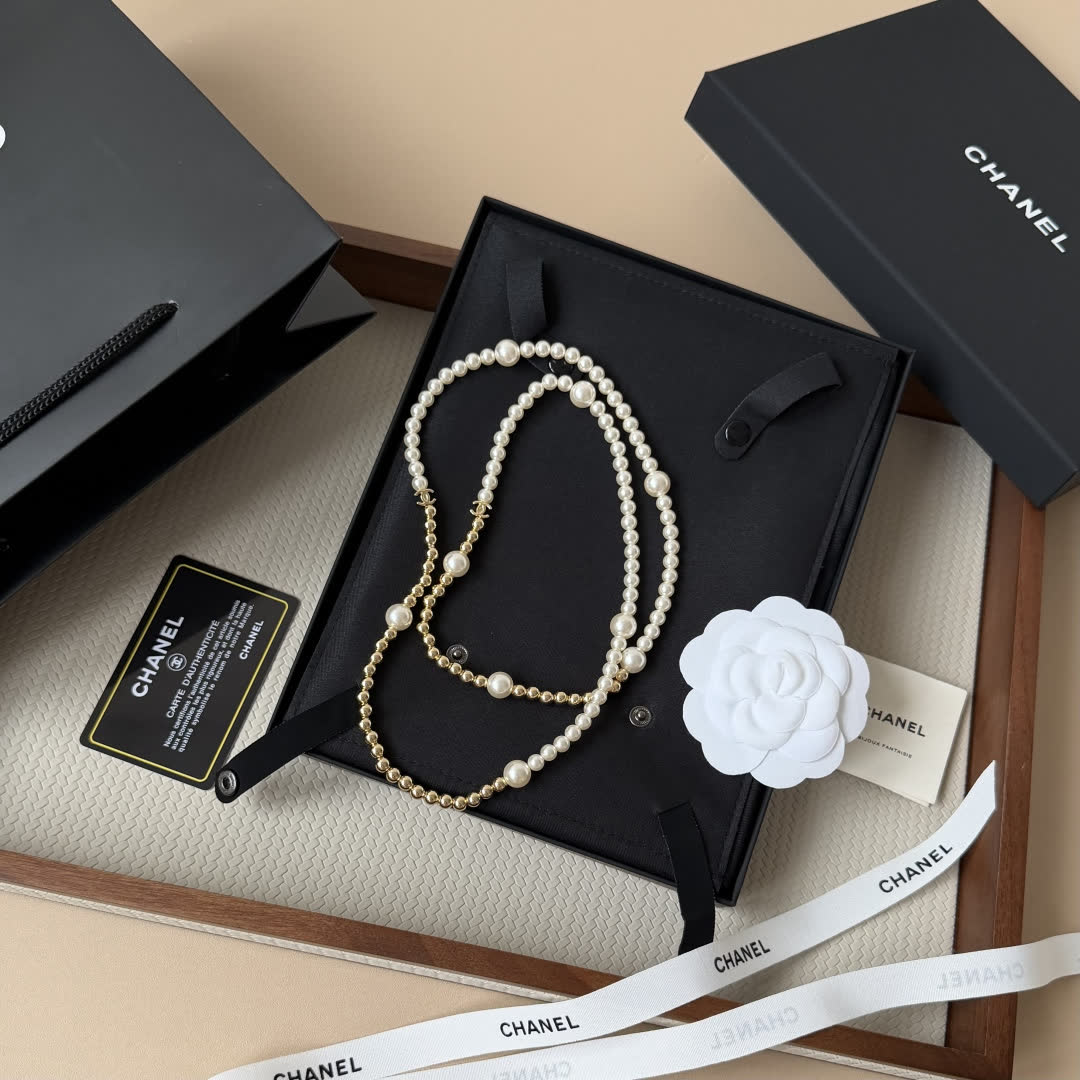 Chanel Elegant Pearl and Gold Bead Necklace
