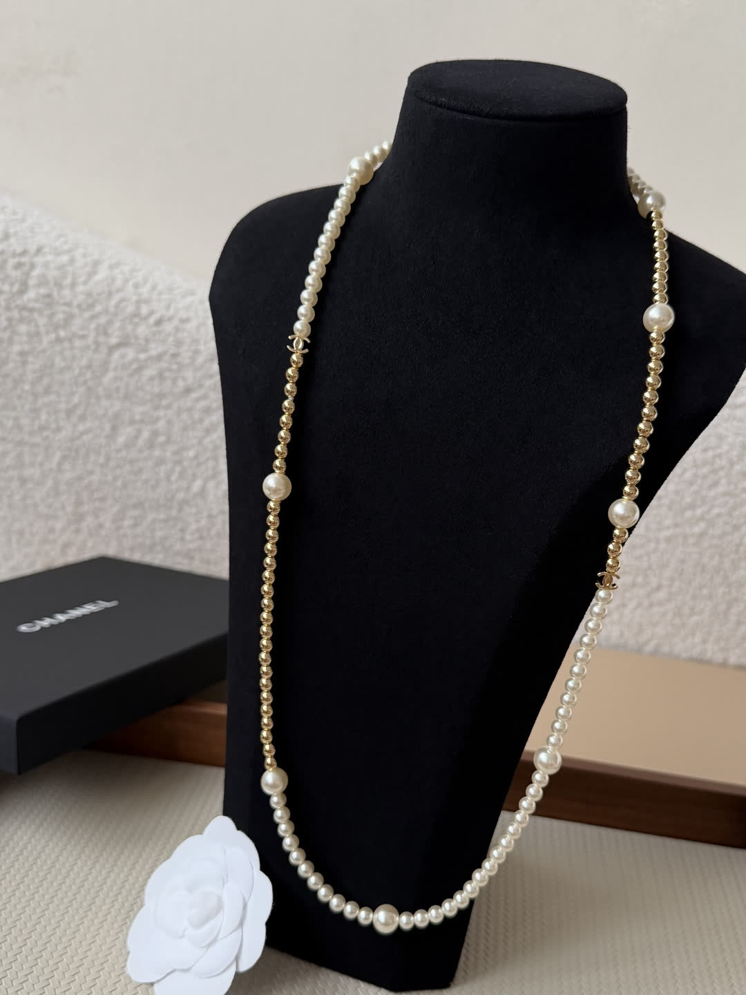 Chanel Elegant Pearl and Gold Bead Necklace