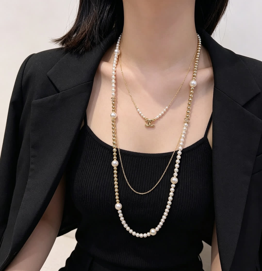 Chanel Elegant Pearl and Gold Bead Necklace