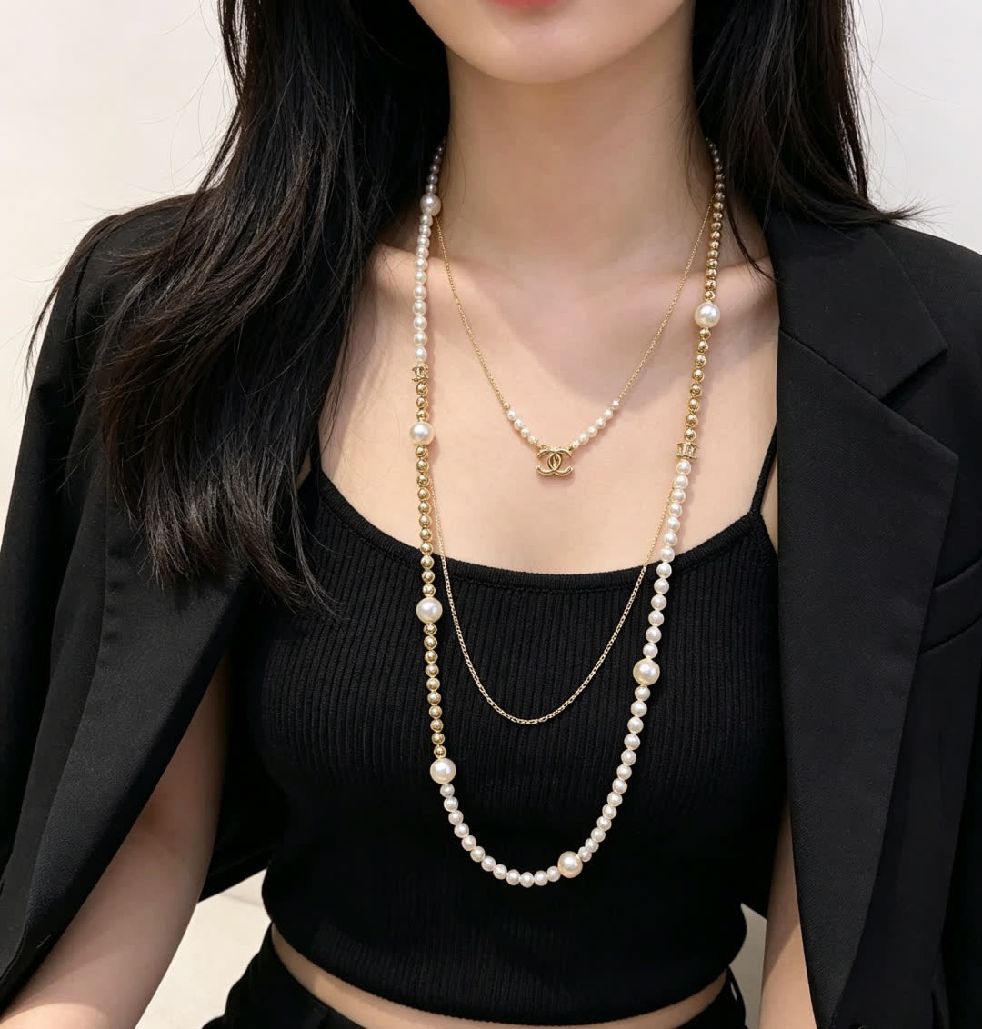 Chanel Elegant Pearl and Gold Bead Necklace