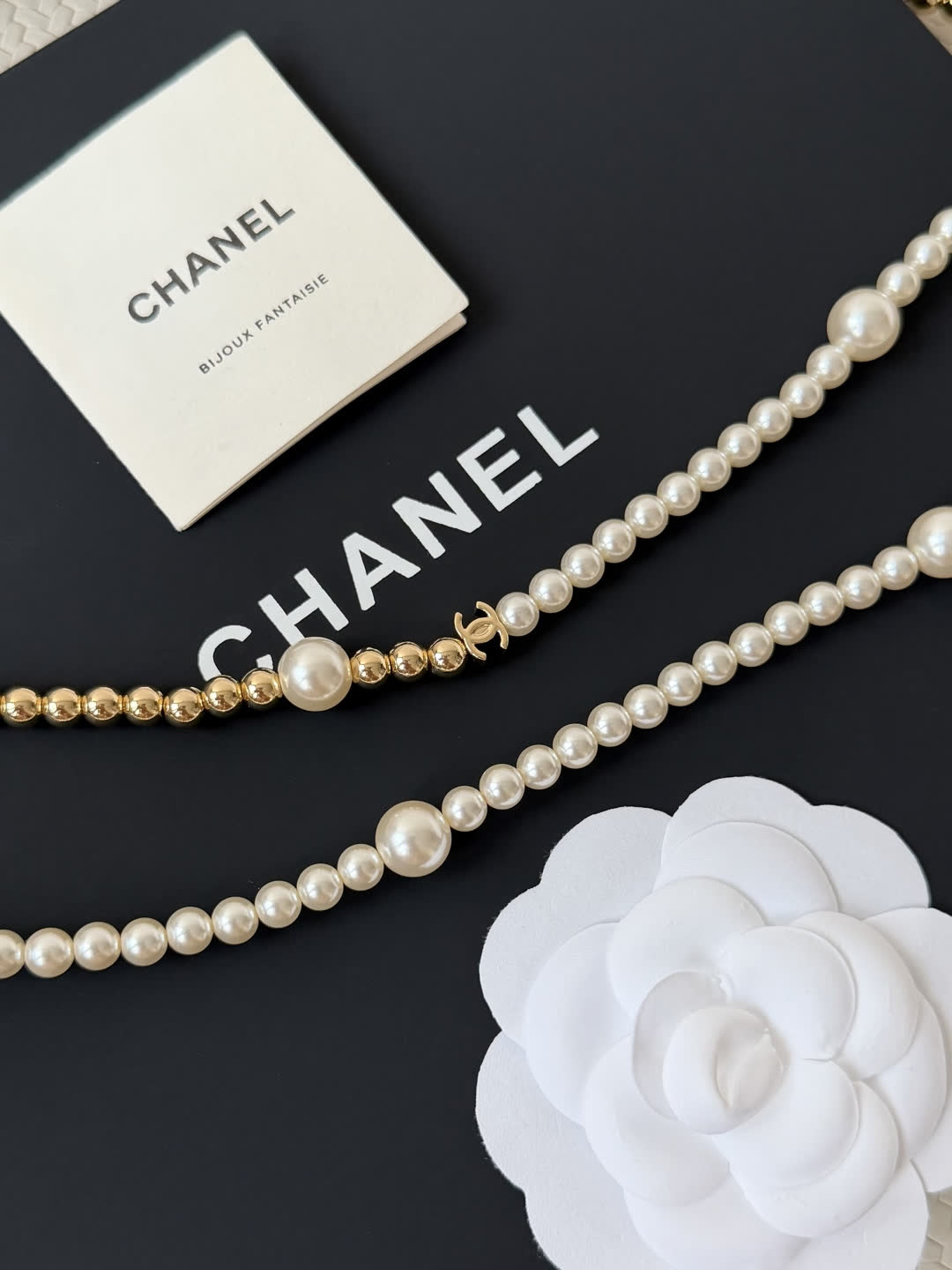 Chanel Elegant Pearl and Gold Bead Necklace