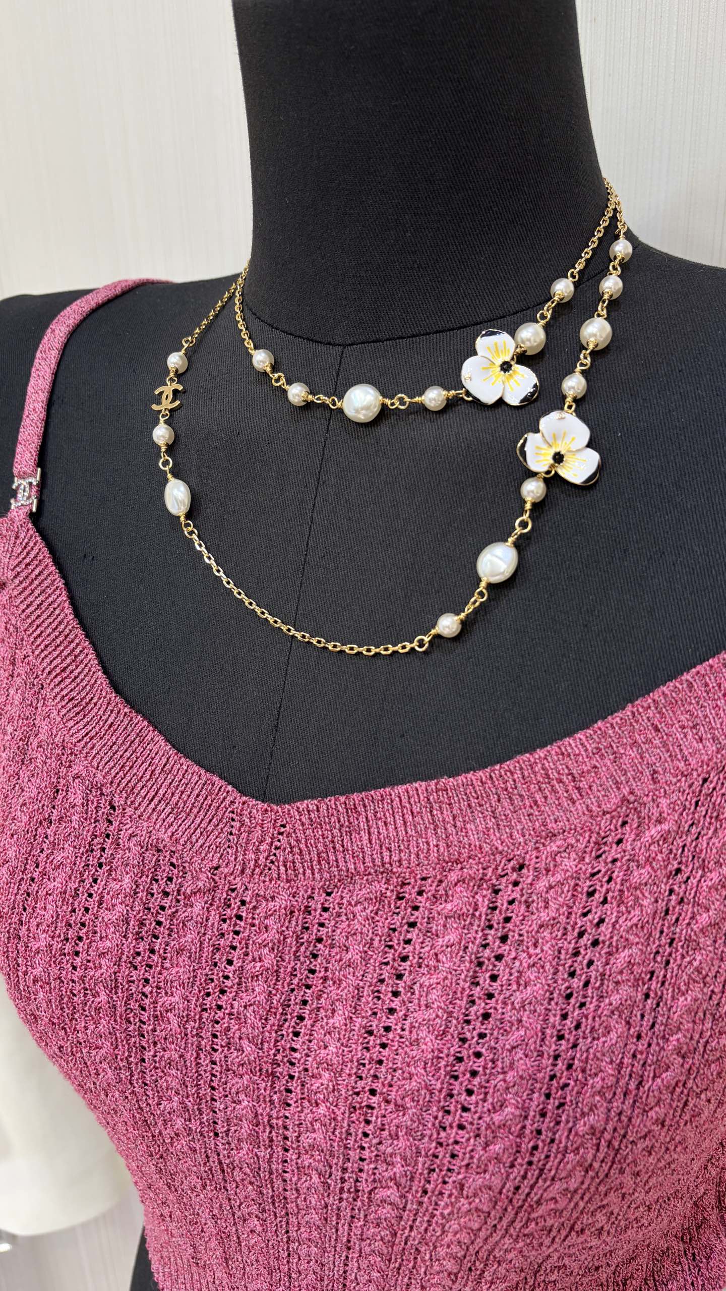Chanel Gold Chain Necklace with Pearls and Enamel Flowers